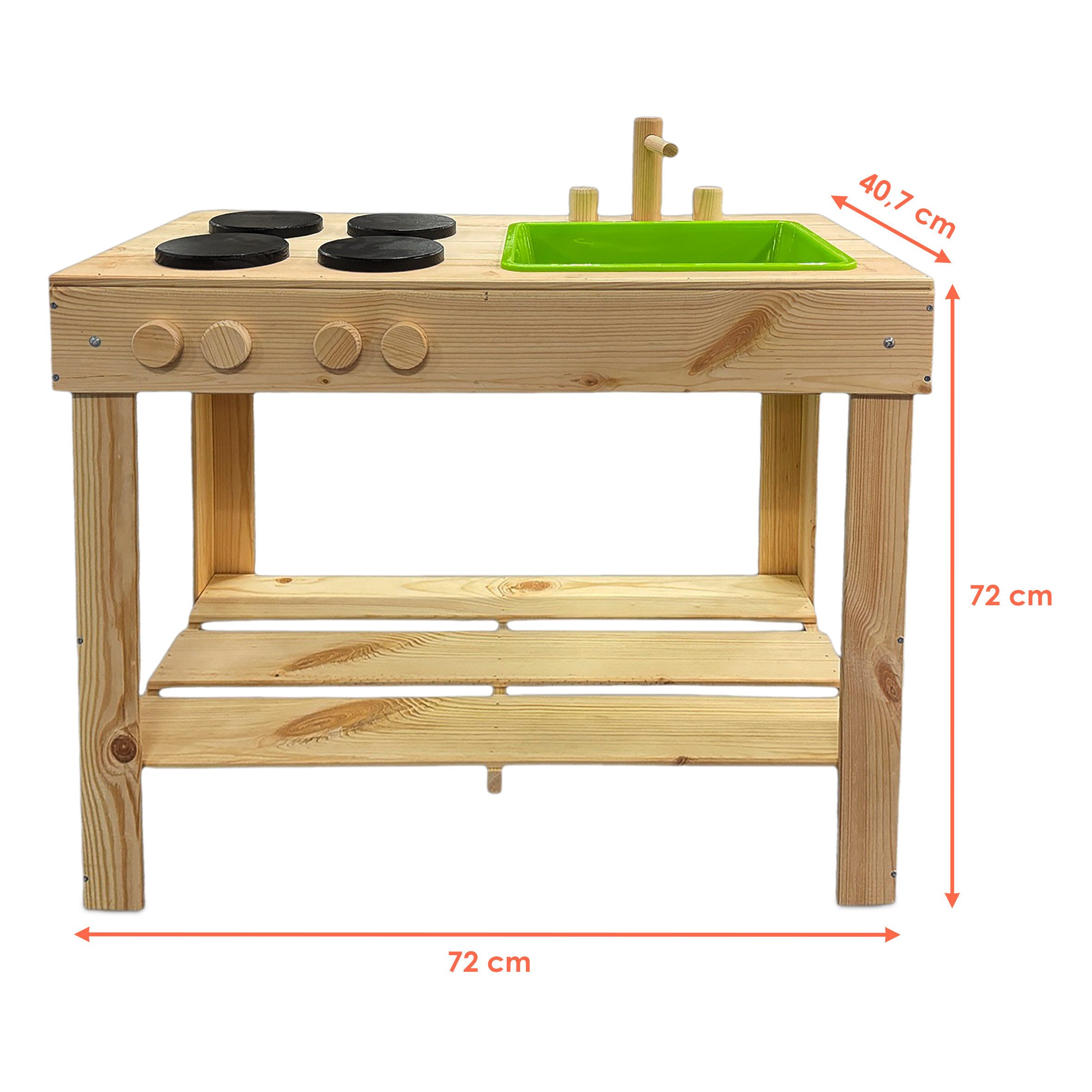 Spetebo Outdoor-Spielküche Matschküche für Kinder - 72 cm Holz, mit Spülbecken, Wasserhahn und vier Herdplatten