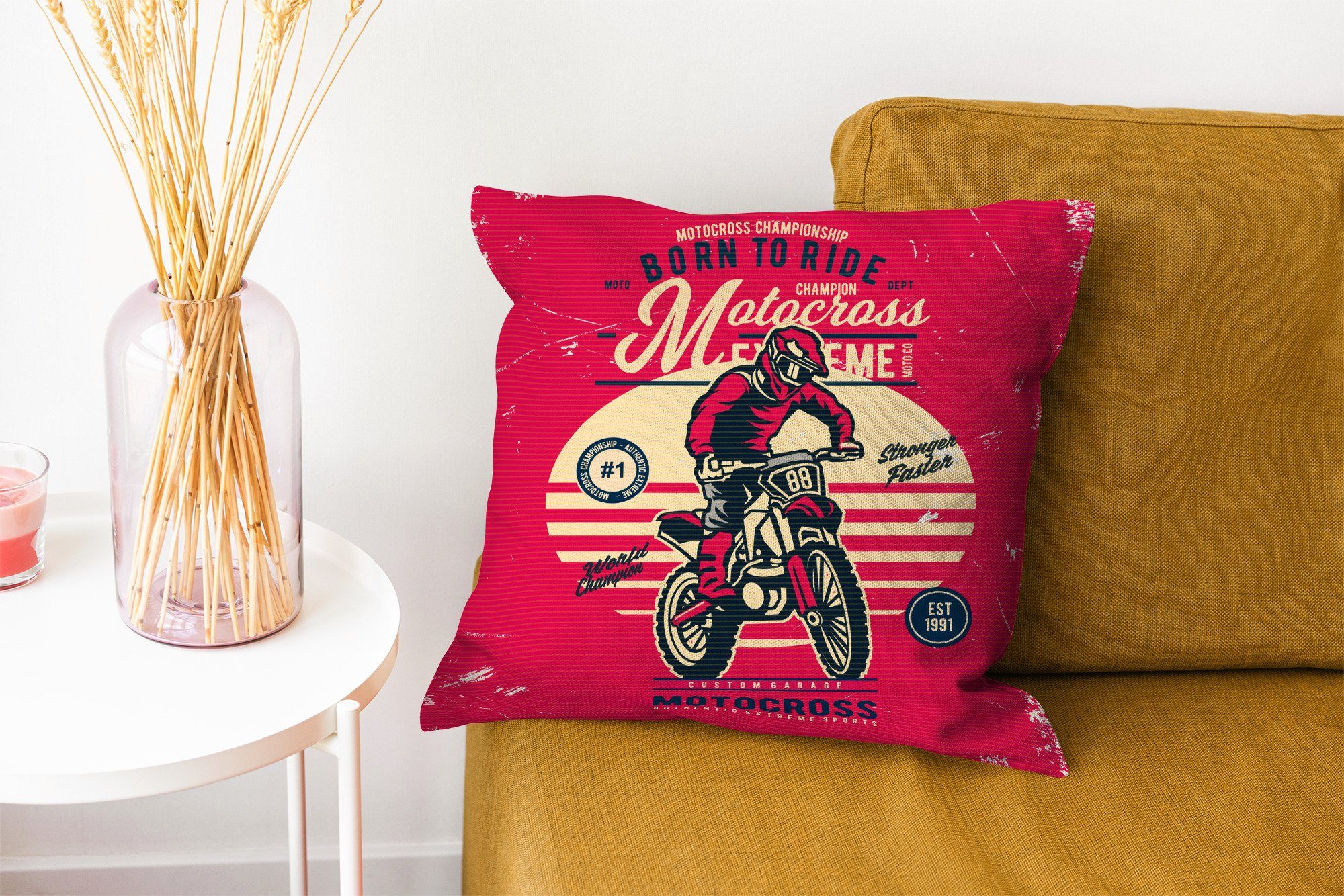 Mann Deko, mit Schlafzimmer, Zeichnung MuchoWow - - für Zierkissen Dekokissen Motocross Füllung Sofakissen - Wohzimmer, Retro,