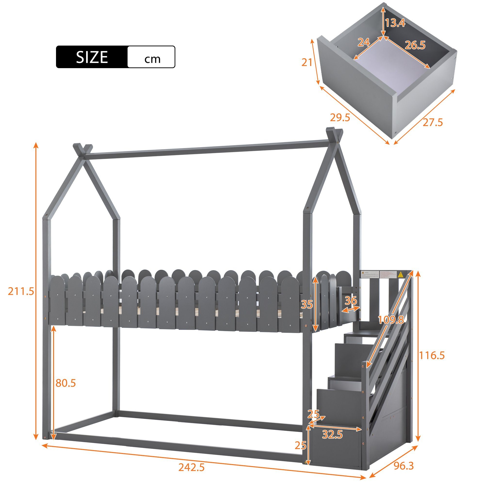 Etagenbett (Hochbett 90x200 mit zwei Schubladen), Kinderbett Hausbett mit Treppe, Rausfallschutz und Lattenrost, Kiefer