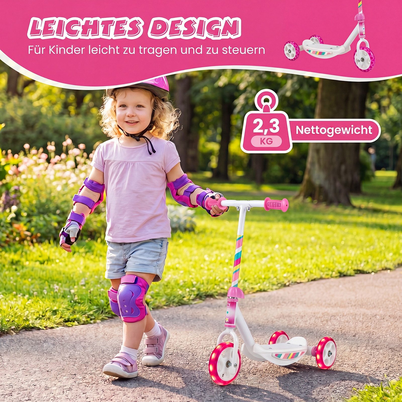 COSTWAY Scooter Dreirad Kinderroller mit LED-Rädern