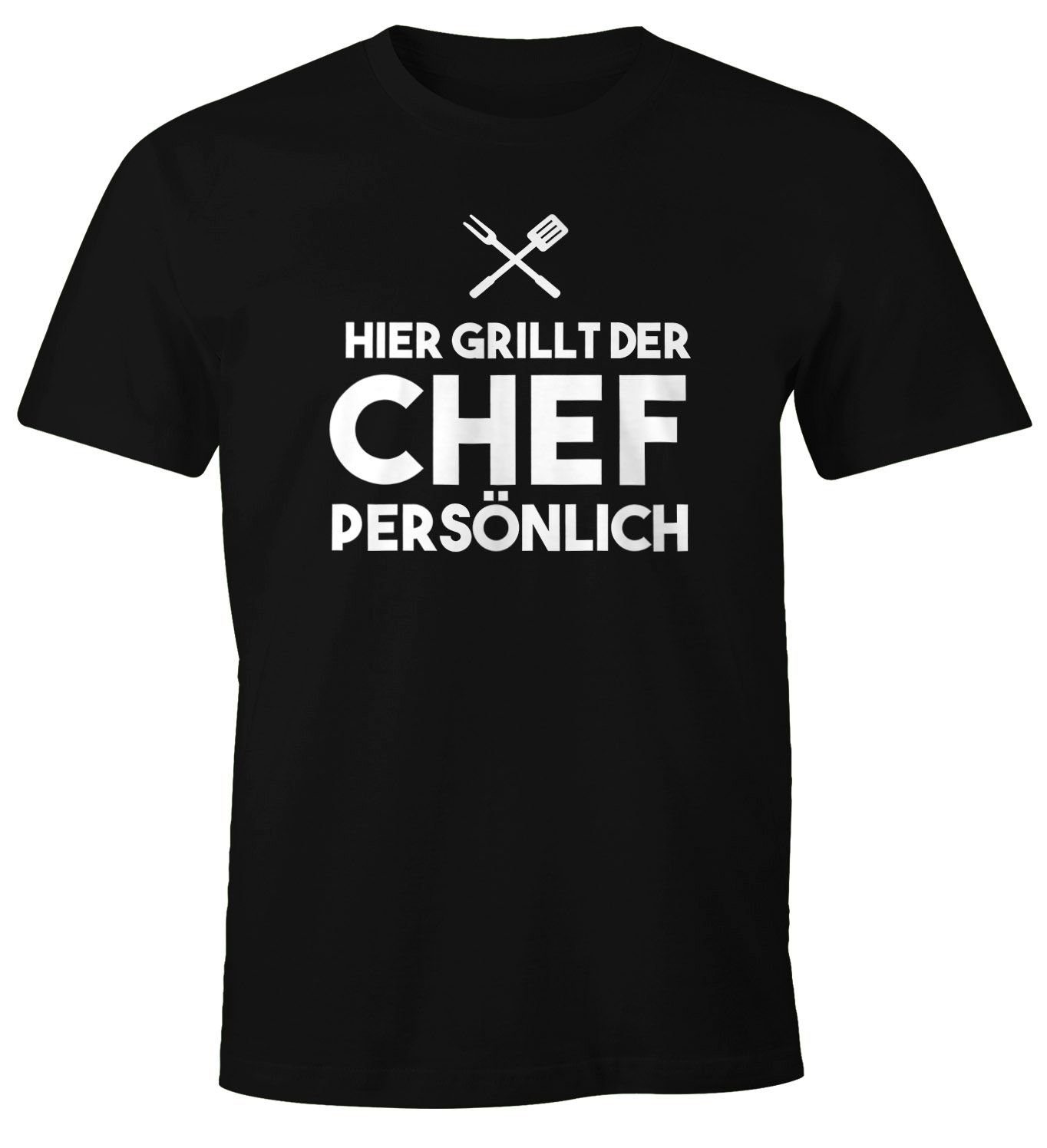 MoonWorks Print-Shirt Herren T-Shirt Hier grillt der Chef persönlich Fun-Shirt Barbecue BBQ Grillen Sommer Moonworks® mit Print