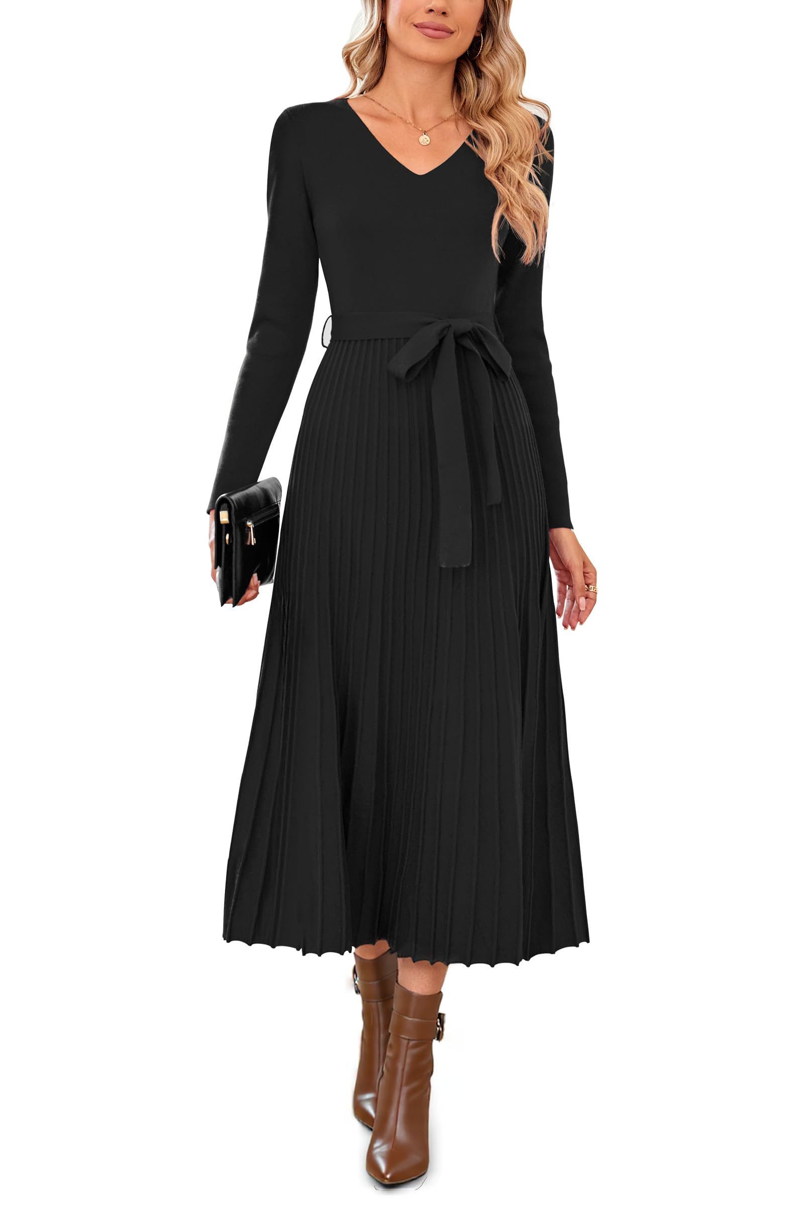 Arach&Cloz Strickkleid Damen Pulloverkleid Herbst Winterkleid Lang Plissee V-Ausschnitt Langarm Elegant Midi Kleider Winter