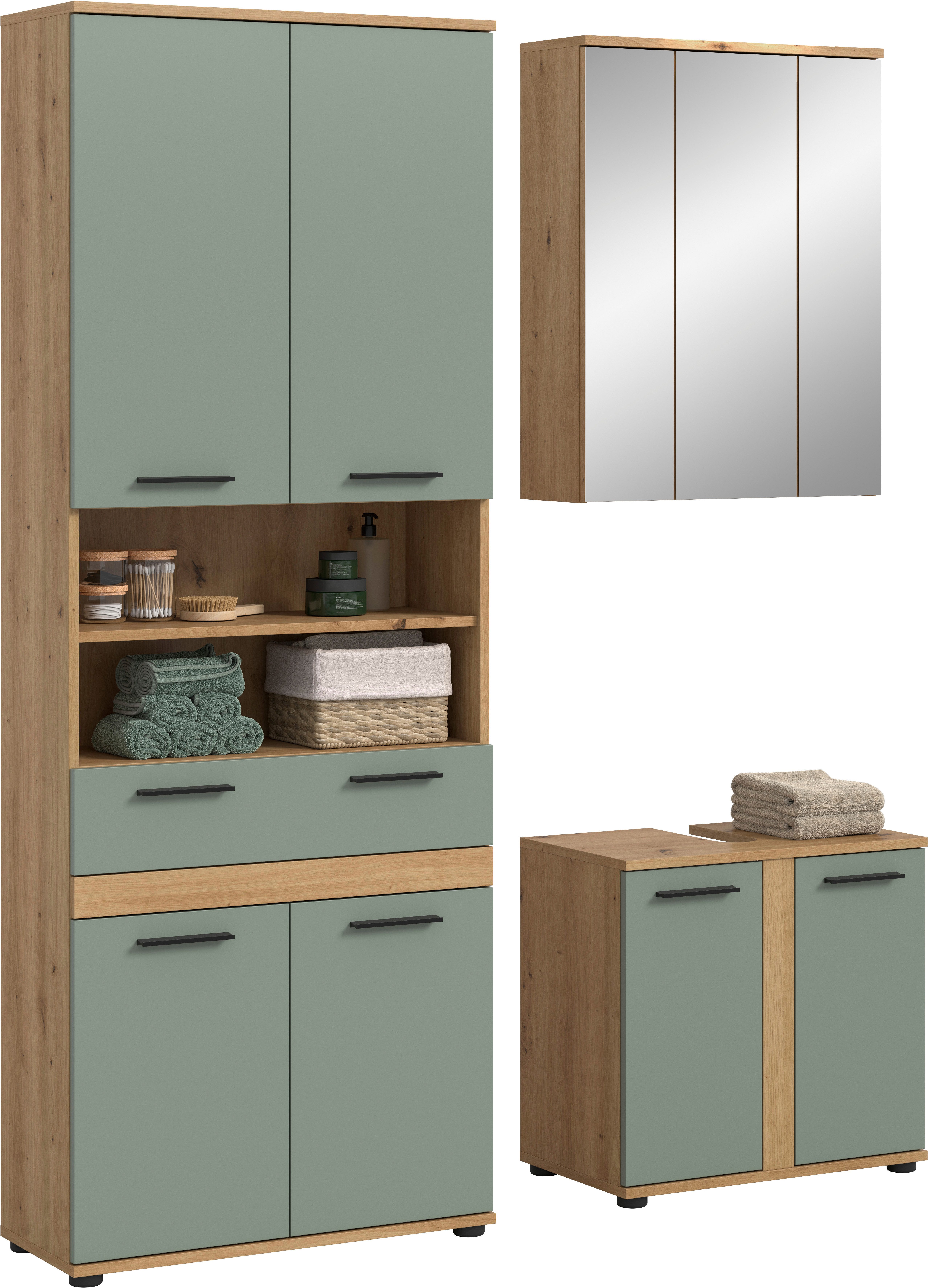 welltime Badmöbel-Set LUCCA, 3-tlg. Badkombination, viel Stauraum, modernes Design, (3-St., bestehend aus: Hochschrank, Waschbeckenunterschrank, Spiegelschrank), Bad-Kombination, Bad-Möbel, Badezimmer, Kombination, Kombi
