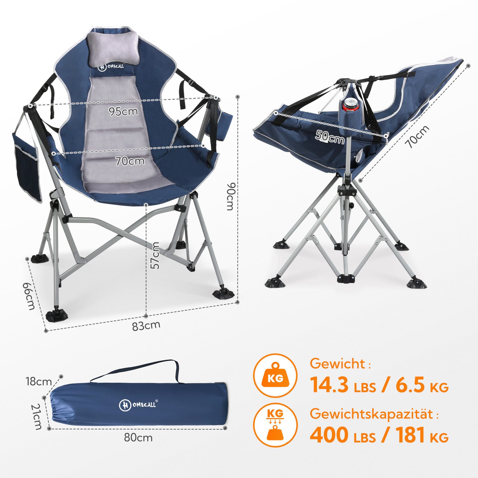 HOMECALL Campingstuhl Stühleschaukelstuhl outdoor Klappstuhl Faltbare Hängestuhl (Biz 180 KG, mit verstellbarer Rückenlehne, Lordosenstütze und Kopfstütze) – Bild 2 von 5