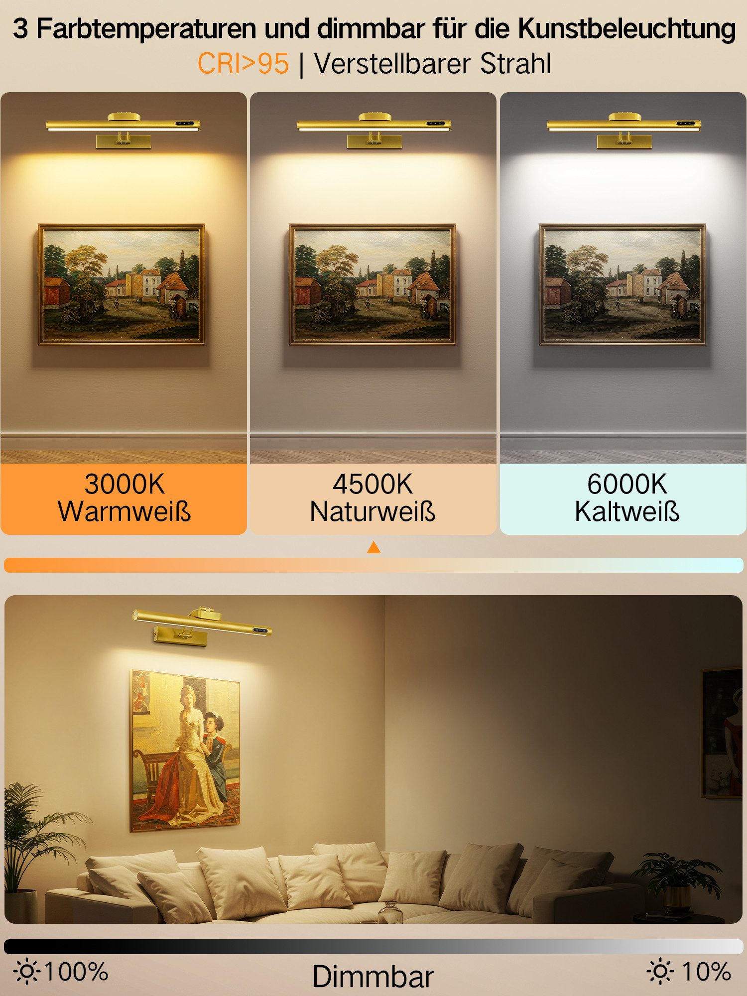 OUTON Bilderleuchte LED-Bilderleuchte mit 270° verstellbarem Arm & Akku