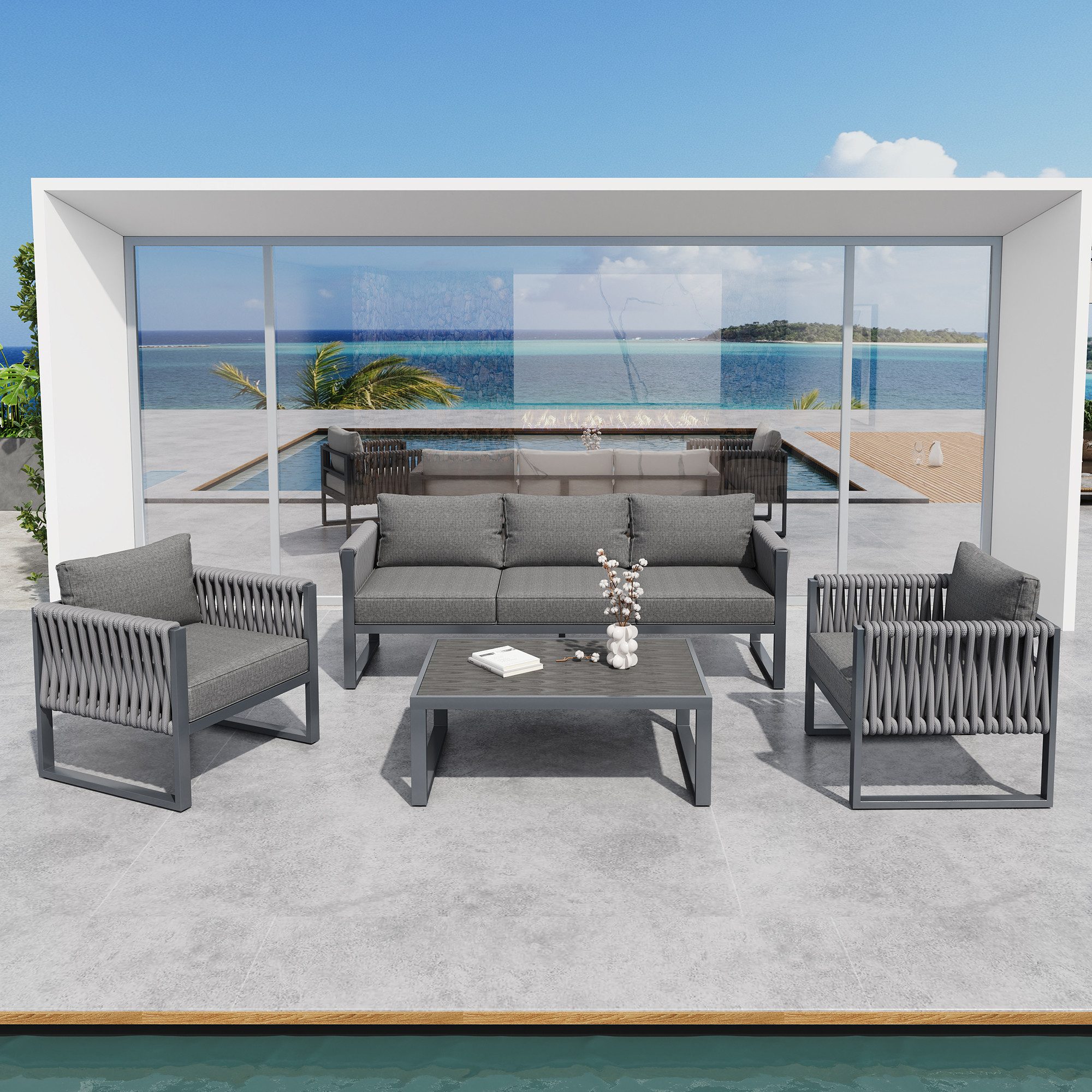 Flieks Gartenlounge-Set, (1-tlg), 5-Sitzer Gartenmöbel-Set Sitzgruppe mit Verstellbaren Füßen