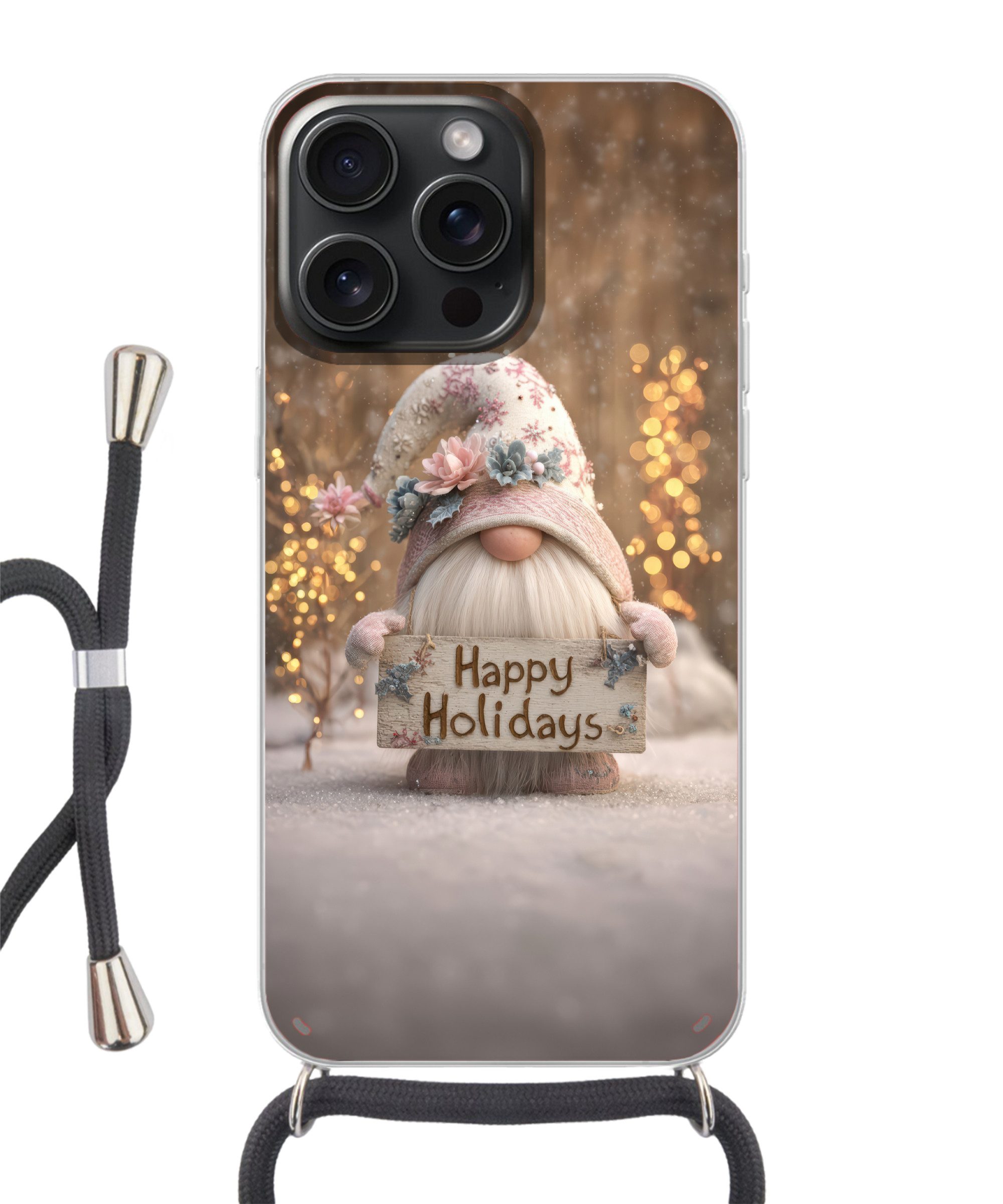 MuchoWow Handyhülle für Apple iPhone 15 Pro Weihnachten - Wichtel - Teller - Bunt, Tragbare Handyhüllen mit Kette zum umhängen, Handykette Handyband