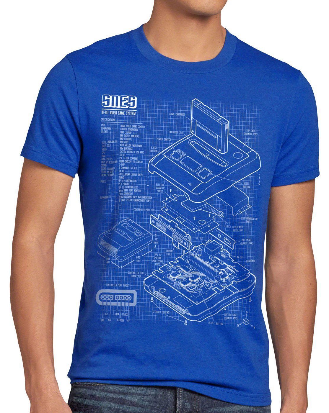 style3 Print-Shirt Herren T-Shirt SNES Blaupause 16-Bit Videospiel