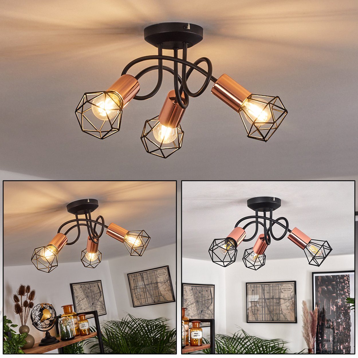 hofstein Deckenleuchte »Borio« 3-flammige Deckenlampe aus Metall in Schwarz/Kupferfarben, ohne Leuchtmittel, Leuchte im modernen Design m. Gitterschirmen, 3xE14, mit Lichteffekt