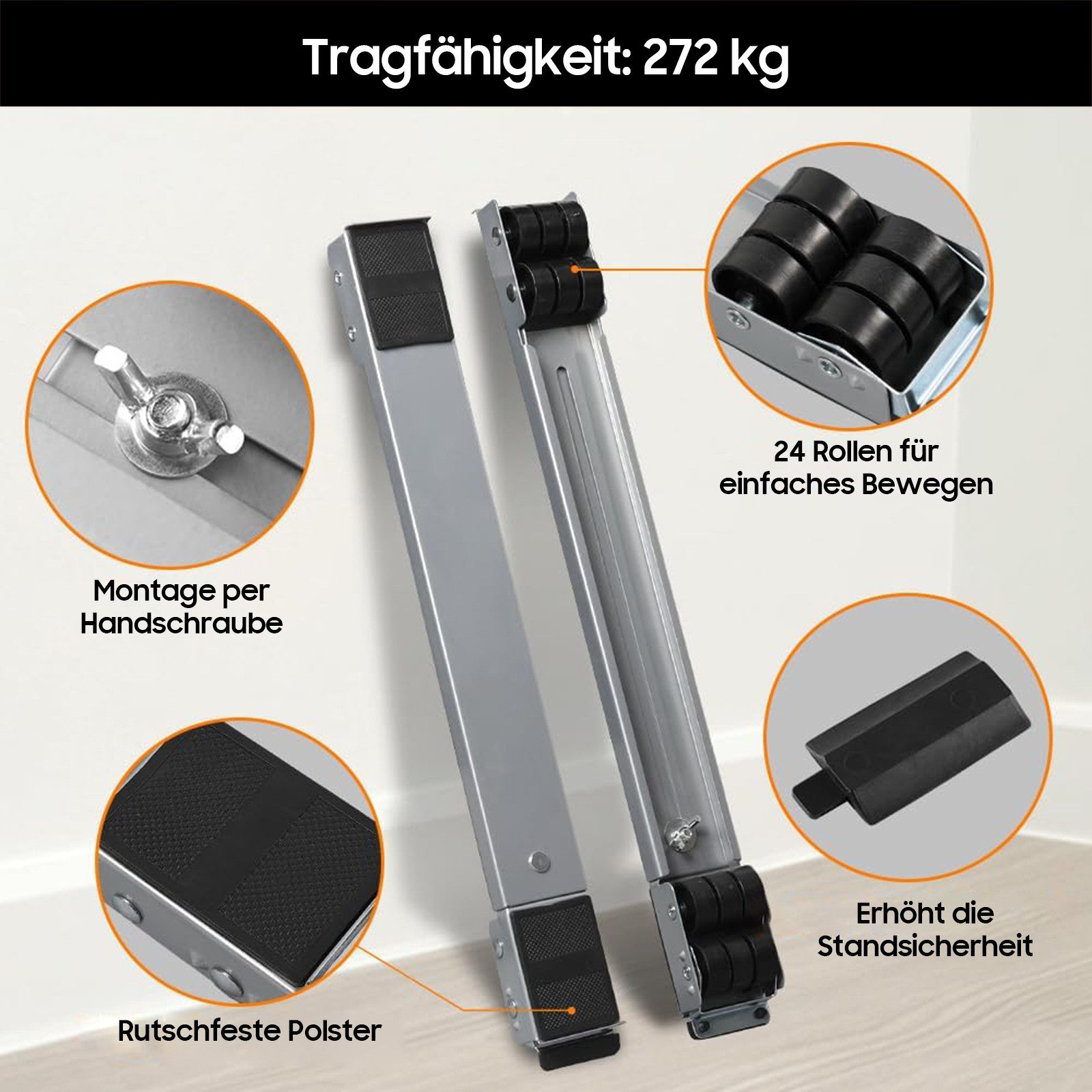 SURFOU Untergestell Waschmaschinen Untergestell 2er-Set moblies Transportroller, Längenverstellbar, 150 kg Traglast, mit Bremsen & Rutschschutz – Bild 3 von 5