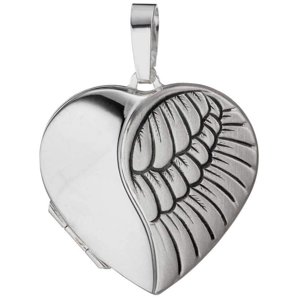 Schmuck Krone Kettenanhänger Medaillon für 2 Fotos, Herz mit Flügel, 925 Silber, Silber 925