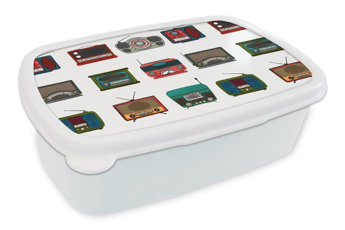 MuchoWow Lunchbox Retro - Radio - Design, Kunststoff, (2-tlg), Brotbox für Kinder und Erwachsene, Brotdose, für Jungs und Mädchen weiß