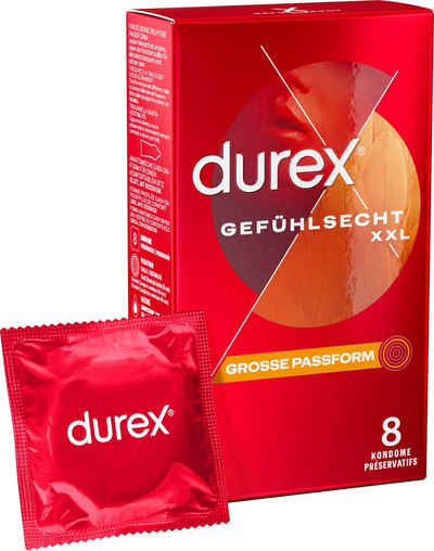 durex XXL-Kondome Gefühlsecht Extra Groß Packung, 8 St., Dünn für ein intensives Gefühl und innige Zweisamkeit, große Passform