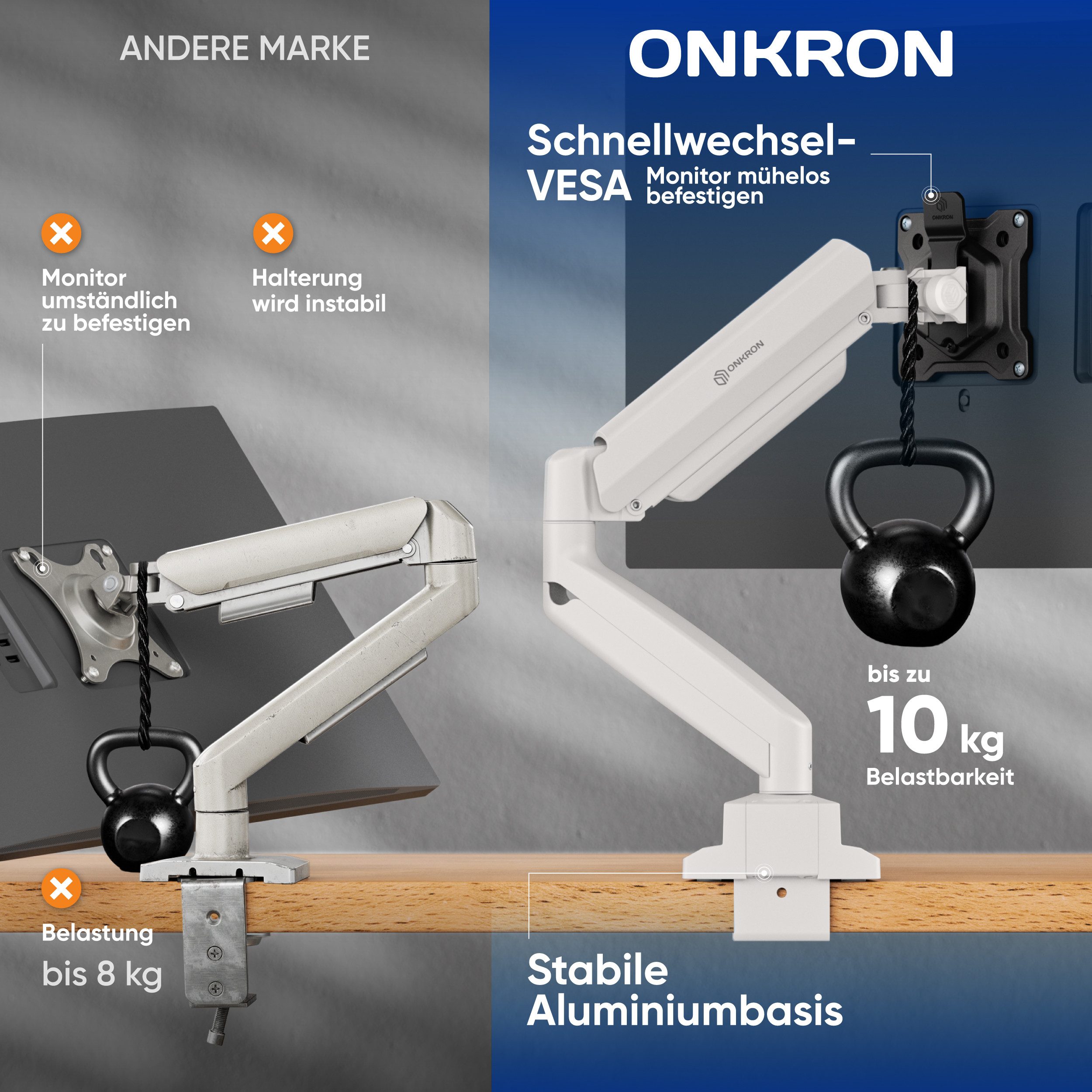 ONKRON Monitor-Halterung 13-32 Zoll, bis 10 kg, VESA 75x75-100x100, G80-BW, (bis 32 Zoll, neigbar, schwenkbar, drehbar, Gasdruckfeder, Kabelmanagement) – Bild 4 von 5
