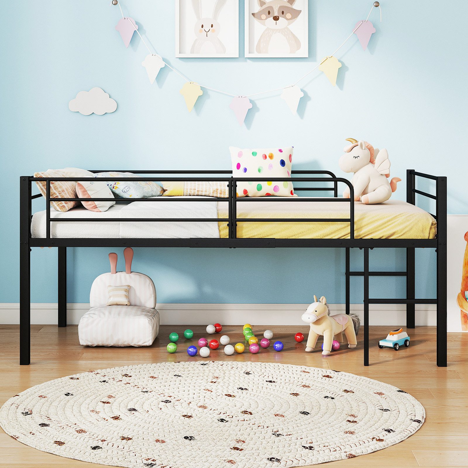 COSTWAY Kinderbett (1-tlg), Hochbett, Bettgestell, mit 2 Leitern, Sicherheitsgeländern