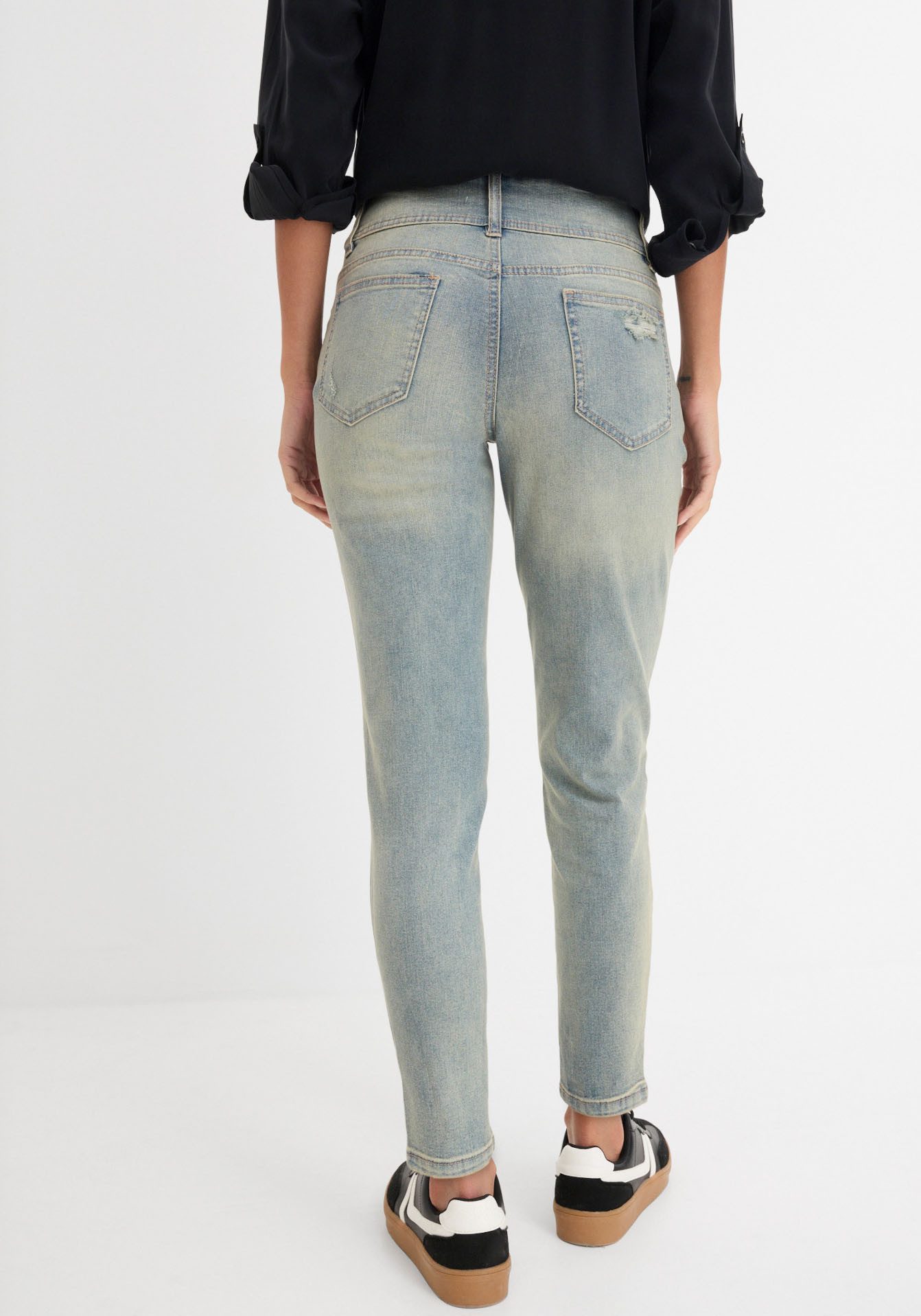 bonprix Skinny-fit-Jeans Skinny-fit, mit breitem High Waist Bund, coole Destroyed Effekte