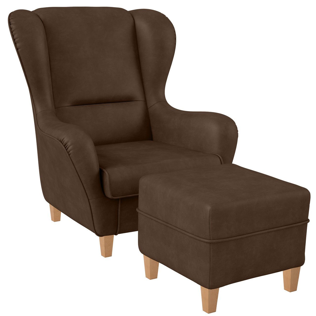 Supellex Ohrensessel Sofia, Relaxsessel mit Hocker, Design Nougatbraun