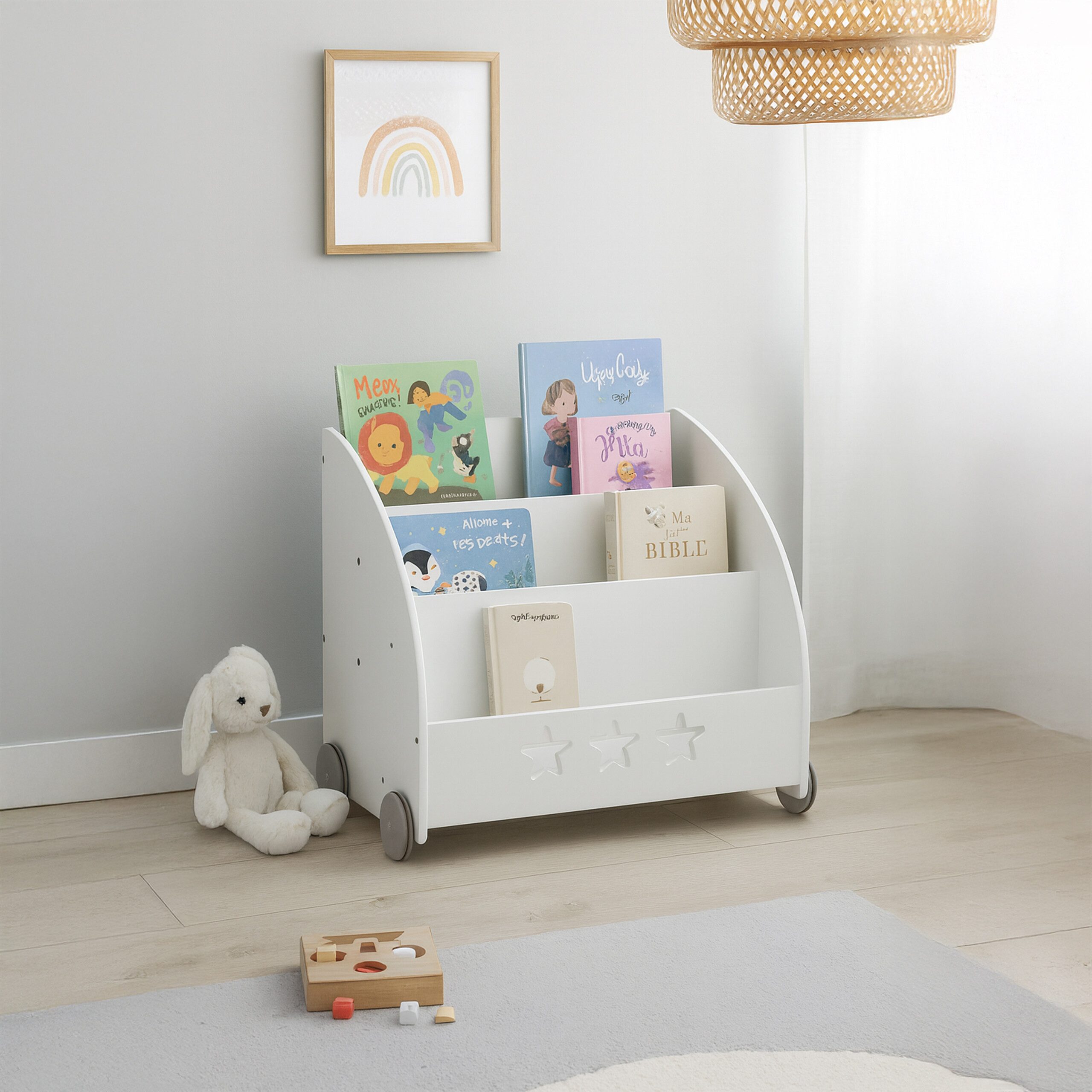 relaxdays Kinderregal Bücherregal für Kinder fahrbar, weiß