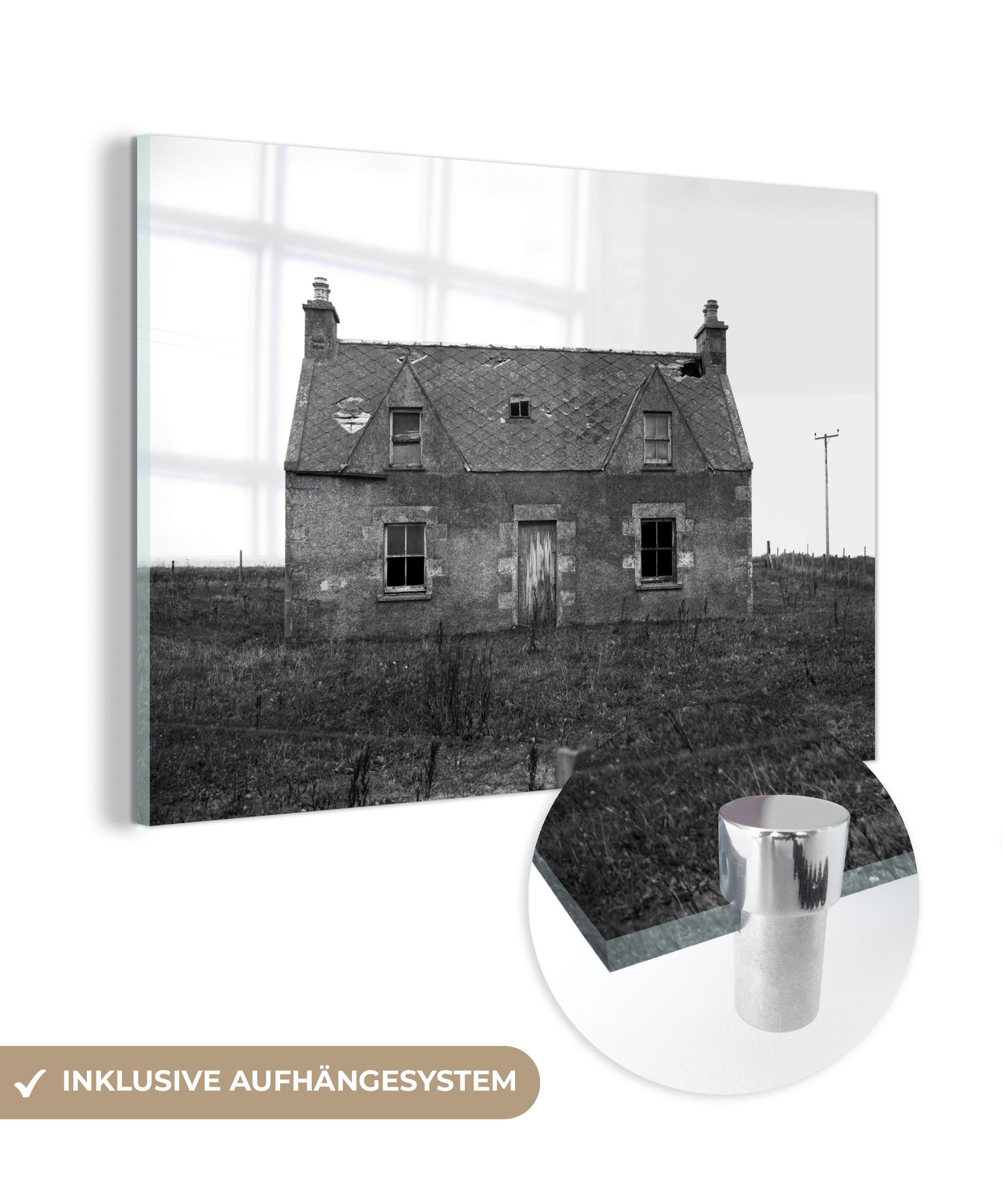 MuchoWow Acrylglasbild Verlassenes Haus - schwarz und weiß, (1 St), Acrylglasbilder Wohnzimmer & Schlafzimmer