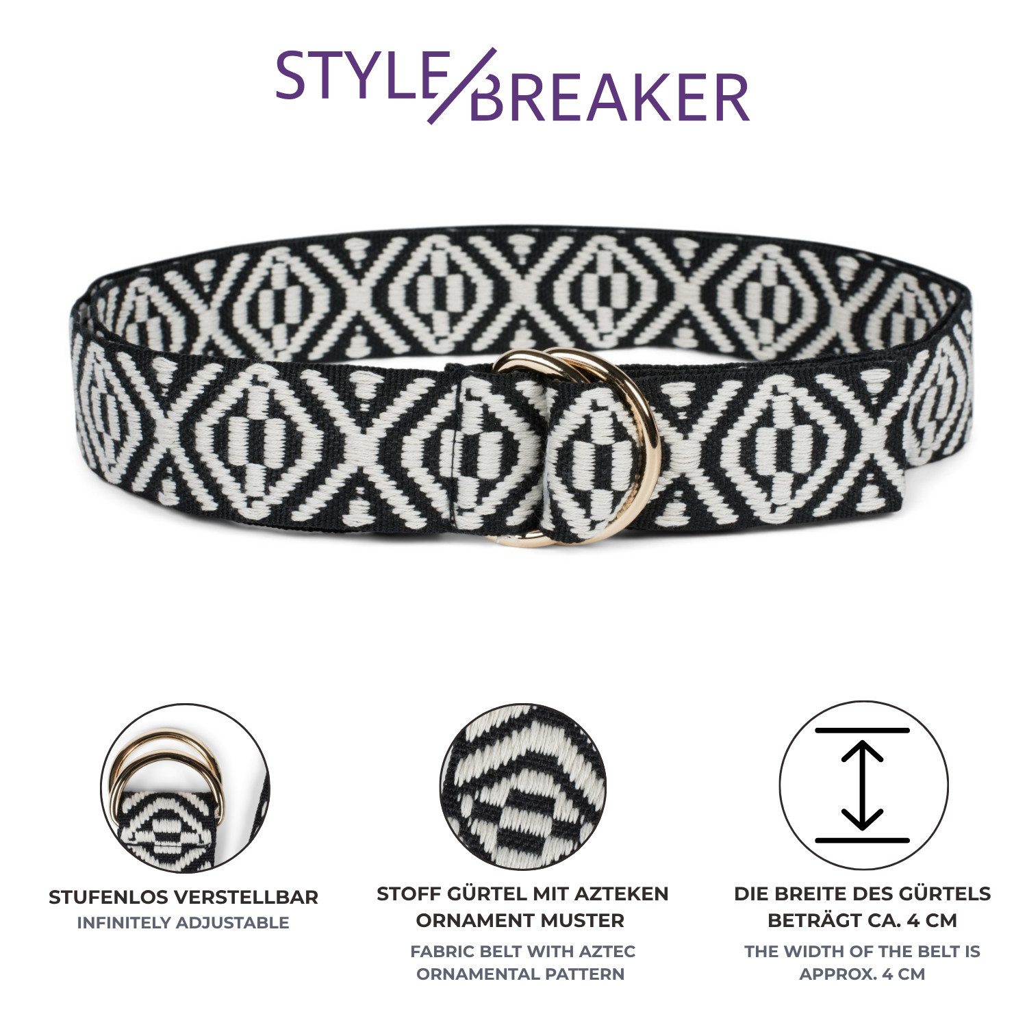styleBREAKER Stoffgürtel Stoff Gürtel mit Azteken Muster und D-Ring Schnalle (1-St)
