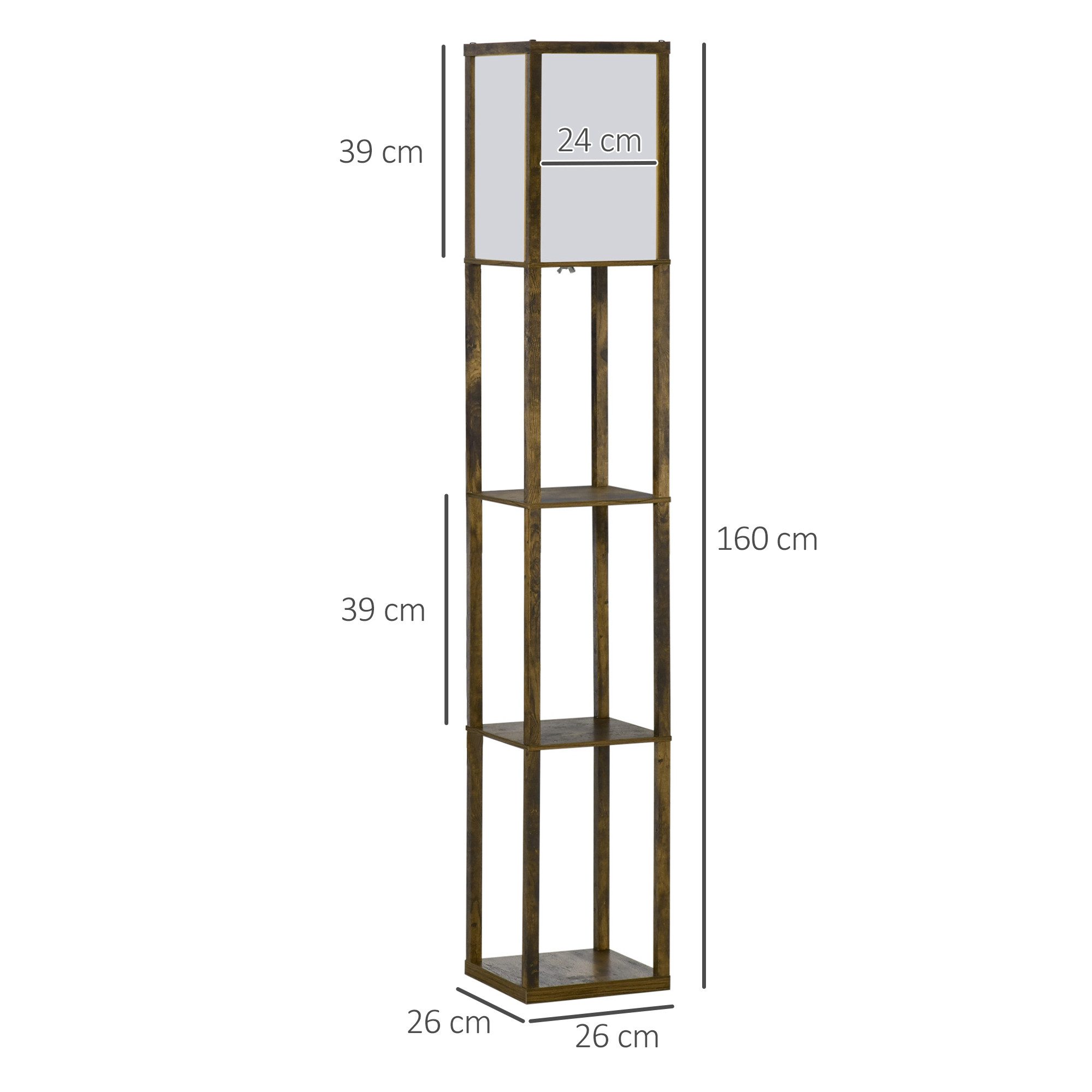 HOMCOM Stehlampe mit Regalen, E27 Fassung bis 40W, Lampenschirm, Ein-,Ausschalter, ohne Leuchtmittel, Holz Rustikal-Braun+Weiß 26 x 26 x 160 cm