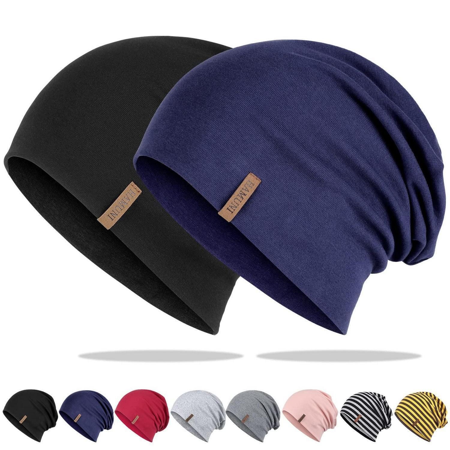 Beanie Mütze Damen Herren Beanie Slouch Baumwolle Einheitsgröße Schwarz+Blau