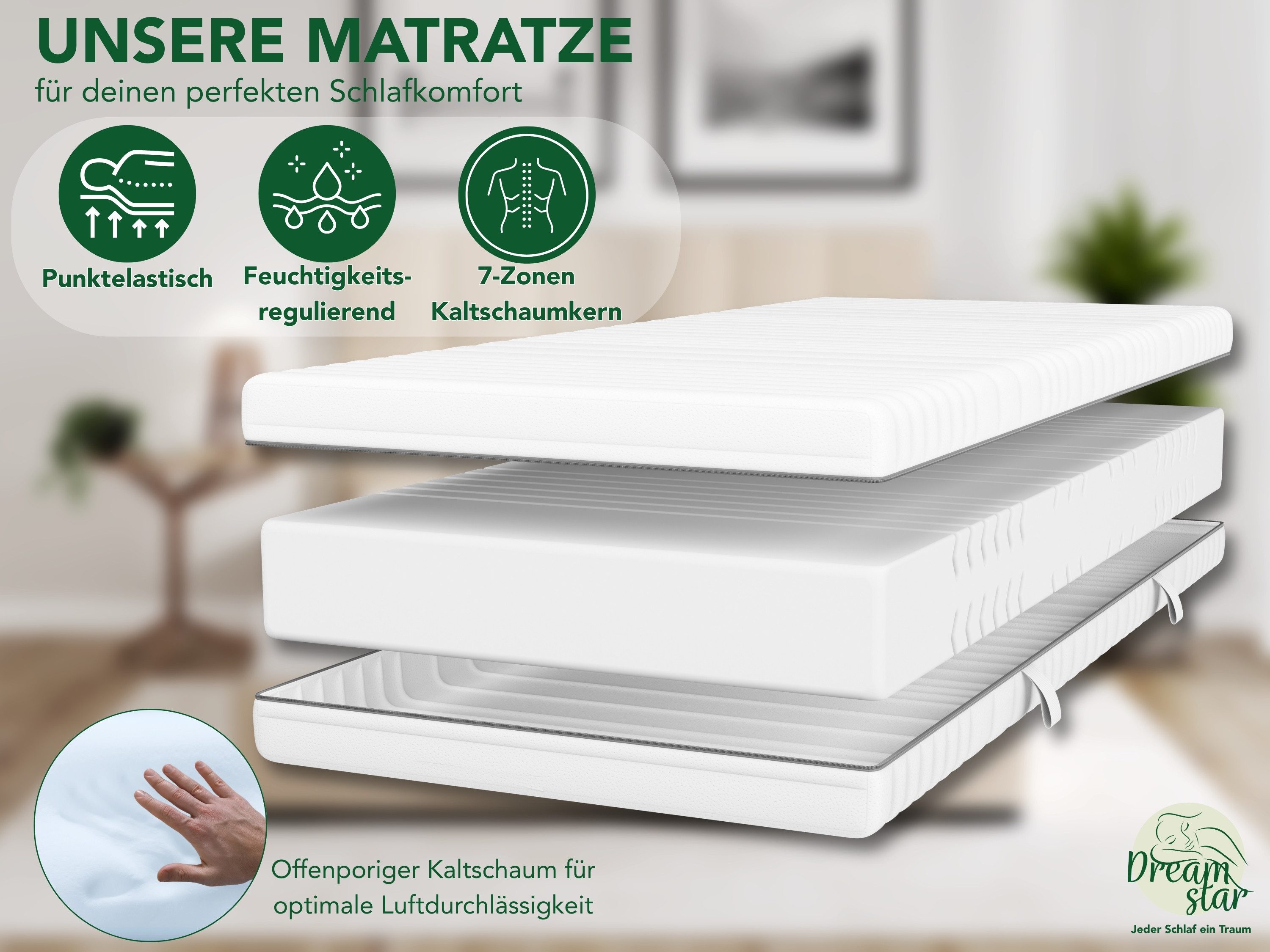 Kaltschaummatratze Silber, ergonomische 7-Zonen Matratze, H2/H3/H4, Dreamstar, 18 cm hoch, atmungsaktiv & allergikergeeignet - für jede Schlafposition