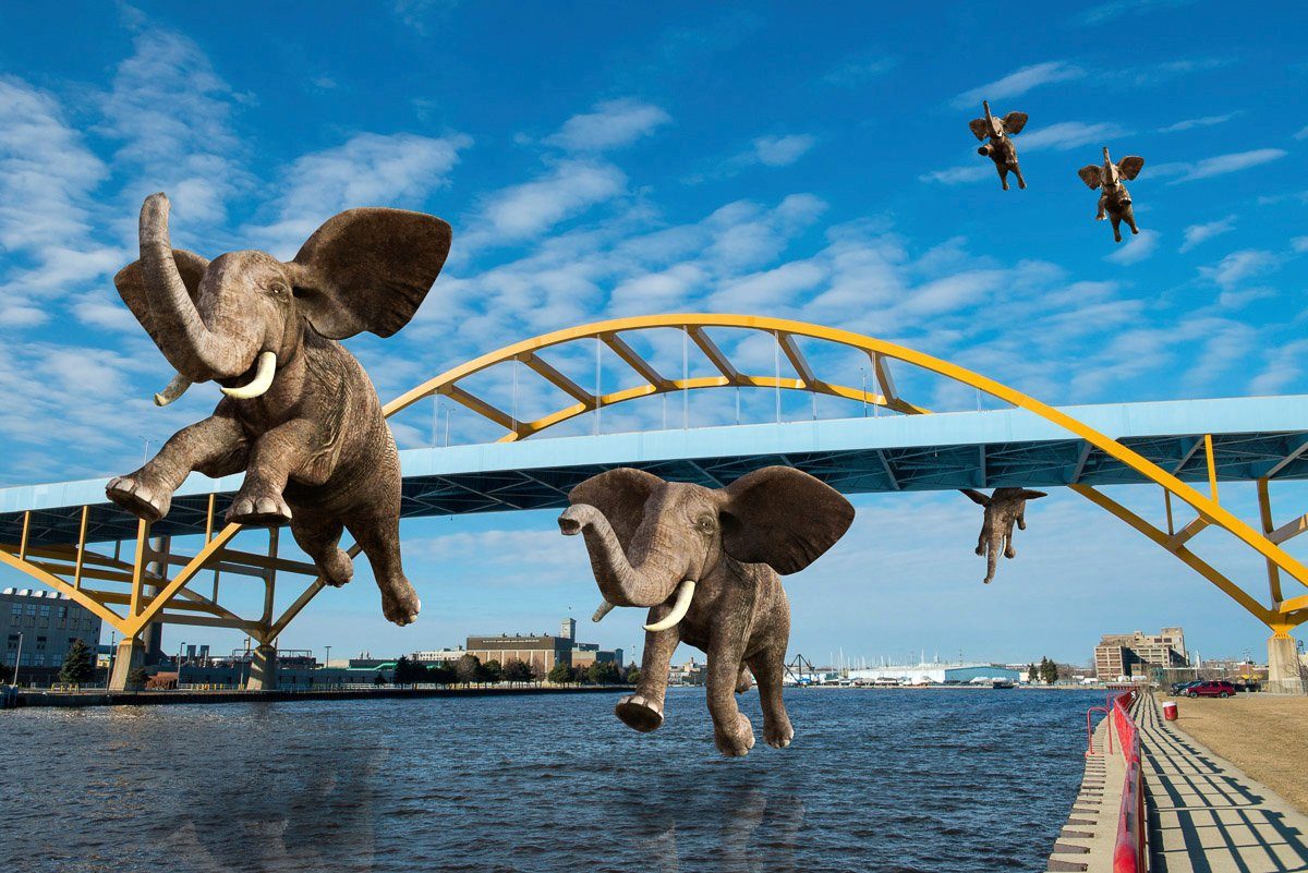 Surreale Papermoon fliegende Fototapete Elefanten