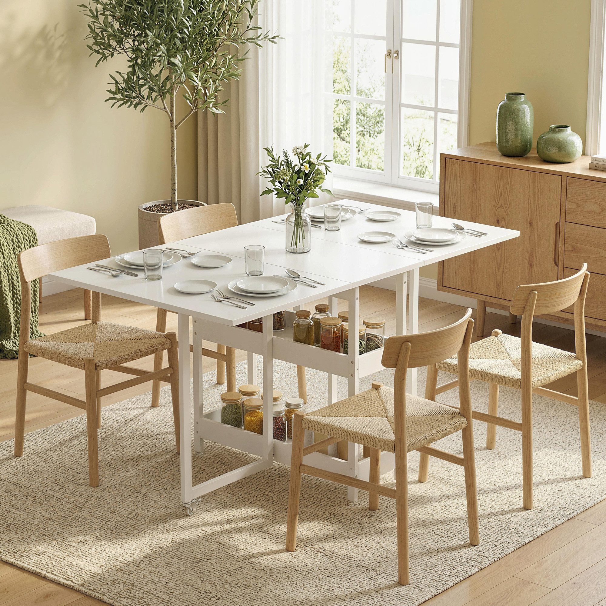 HOMCOM Klapptisch Esstisch Klappbar für 2-4 Personen mit 2 Offenen Ablagen (Küchentisch, 1-St., Mobiler Esszimmertisch), für Kleine Räume, Esszimmer, Küche 133,4 x 80 x 74 cm Weiß