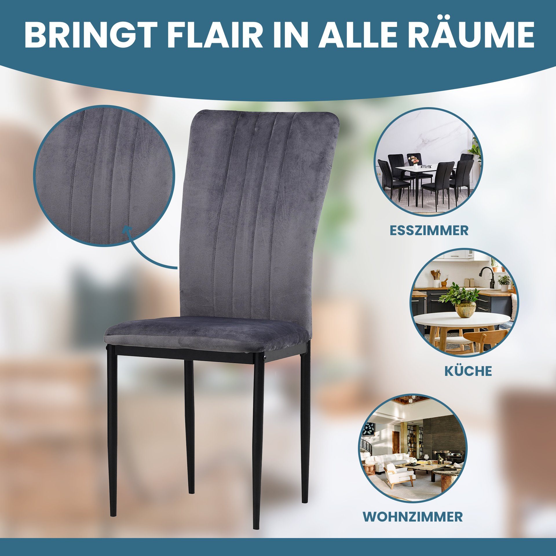 Albatros International Esszimmerstuhl Esszimmer Stühle 4 er Set MODENA, Stuhl Stühle Esszimmerstühle, Küche (6er Set, Grau, Samt Bezug), Küchenstuhl Küchenstühl – Bild 4 von 5