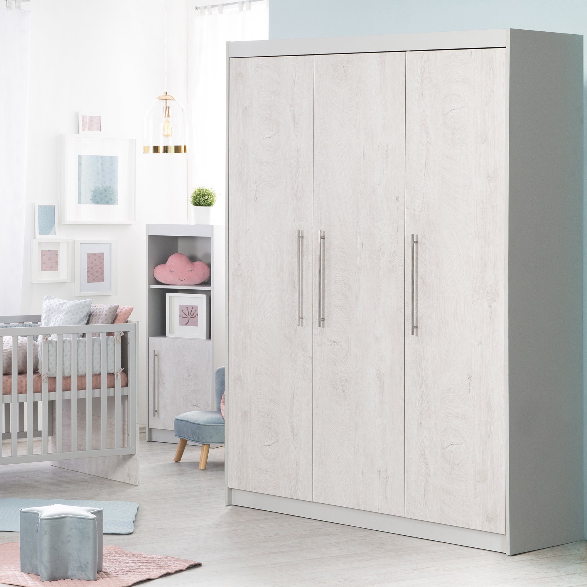 roba® Kleiderschrank Maren 2 - Schrank 3-türig für Kinderzimmer - Metallgriffe - Lichtgrau / Dekor