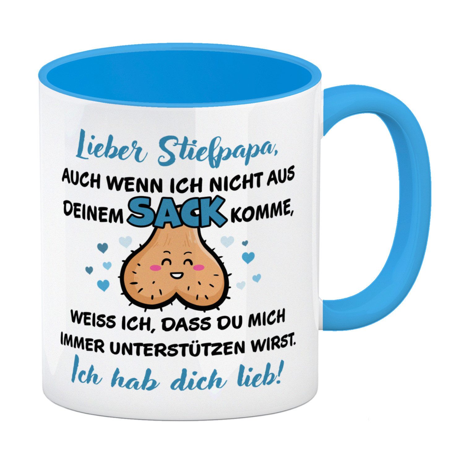 Tasse Stiefpapa, ich hab dich lieb Kaffeebecher in hellblau mit Spruch