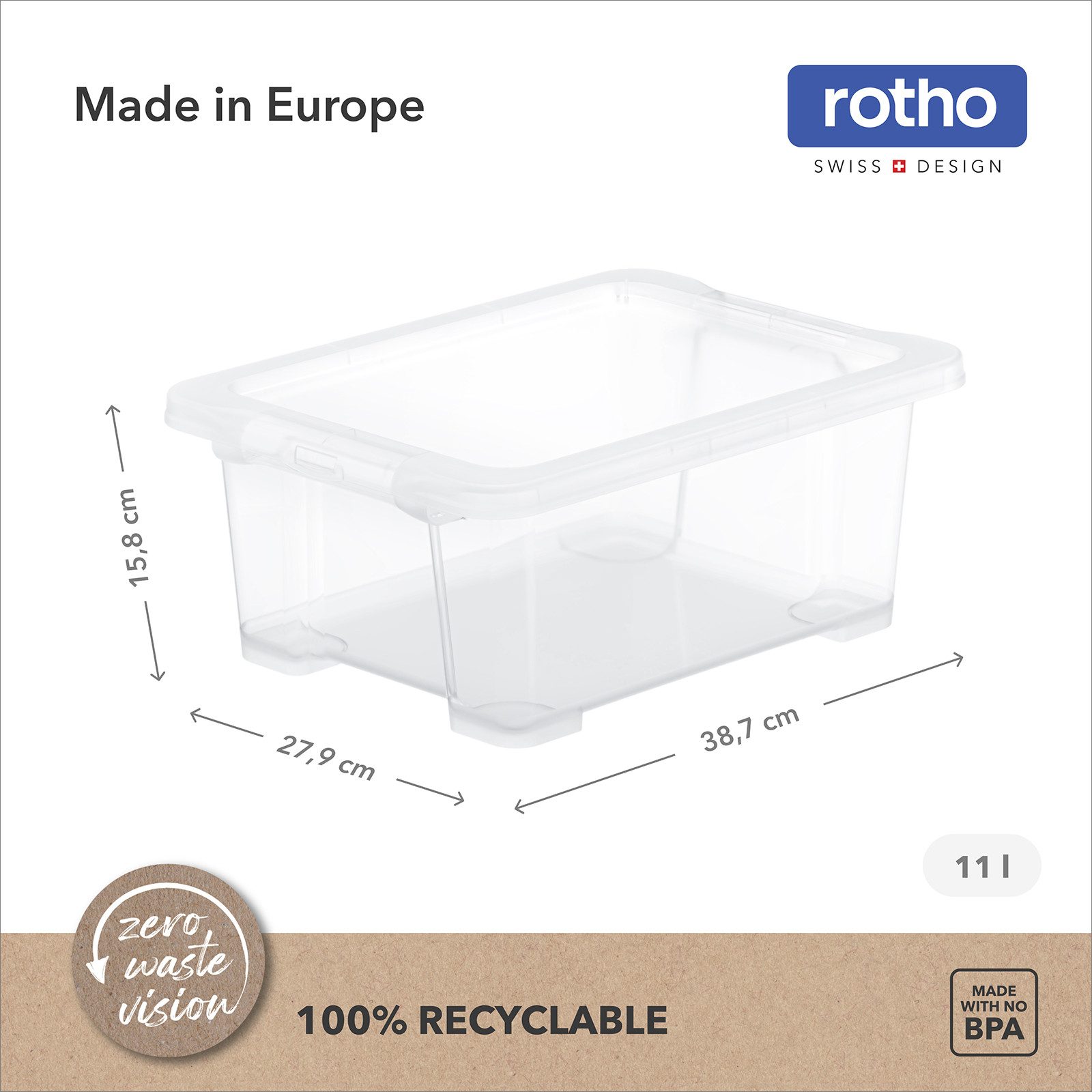 ROTHO Stapelbox 4er-Set CORE BASIC 11L stapelbar transparente Box mit Deckel (Sichtboxen-Set, 4er-Set), Sortierbox ideal für Büroartikel, Spielzeug und Zubehör