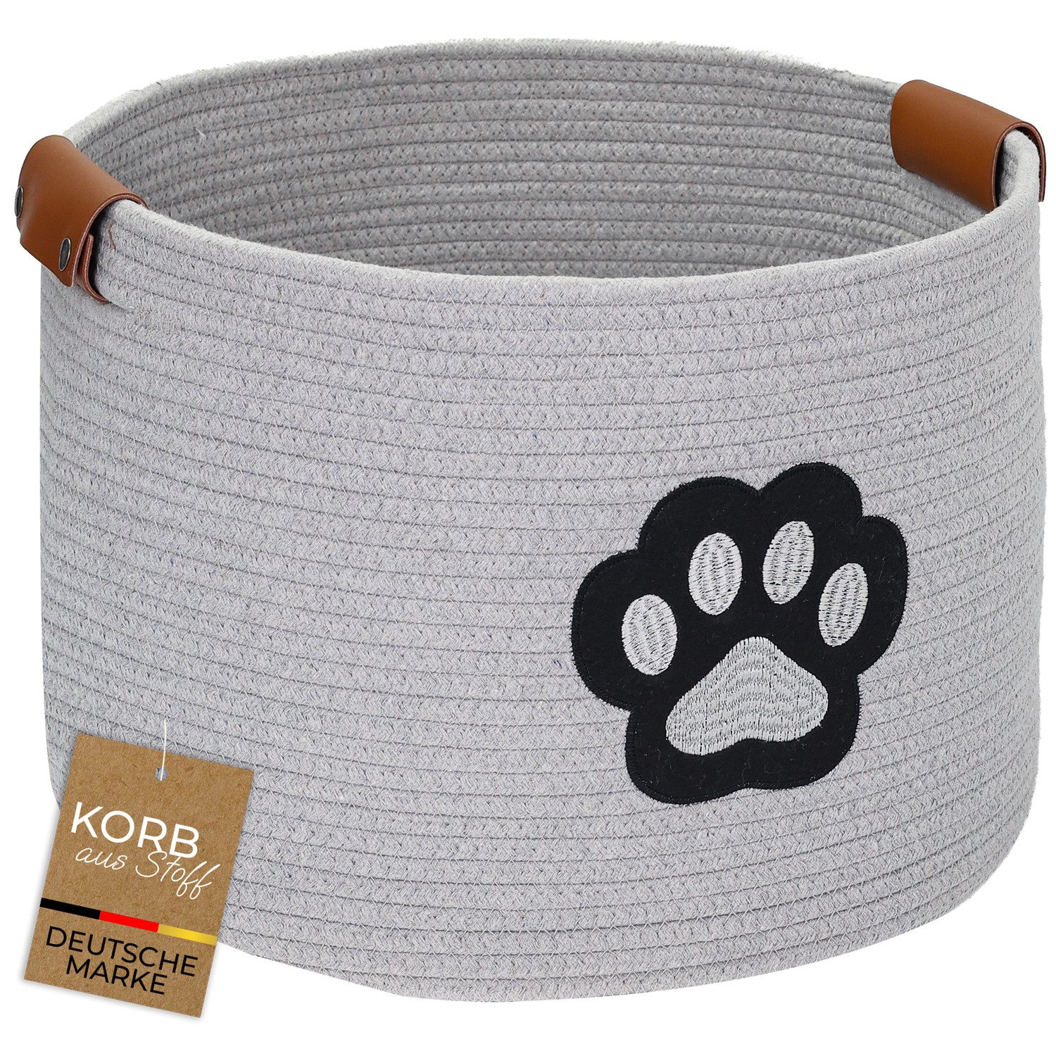 HMF Aufbewahrungskorb Aufbewahrungskorb für Hundezubehör, runder Korb, Baumwolle mit Kunstledergriffen, Hundepfoten-Motiv, 45 x 30 cm, Grau