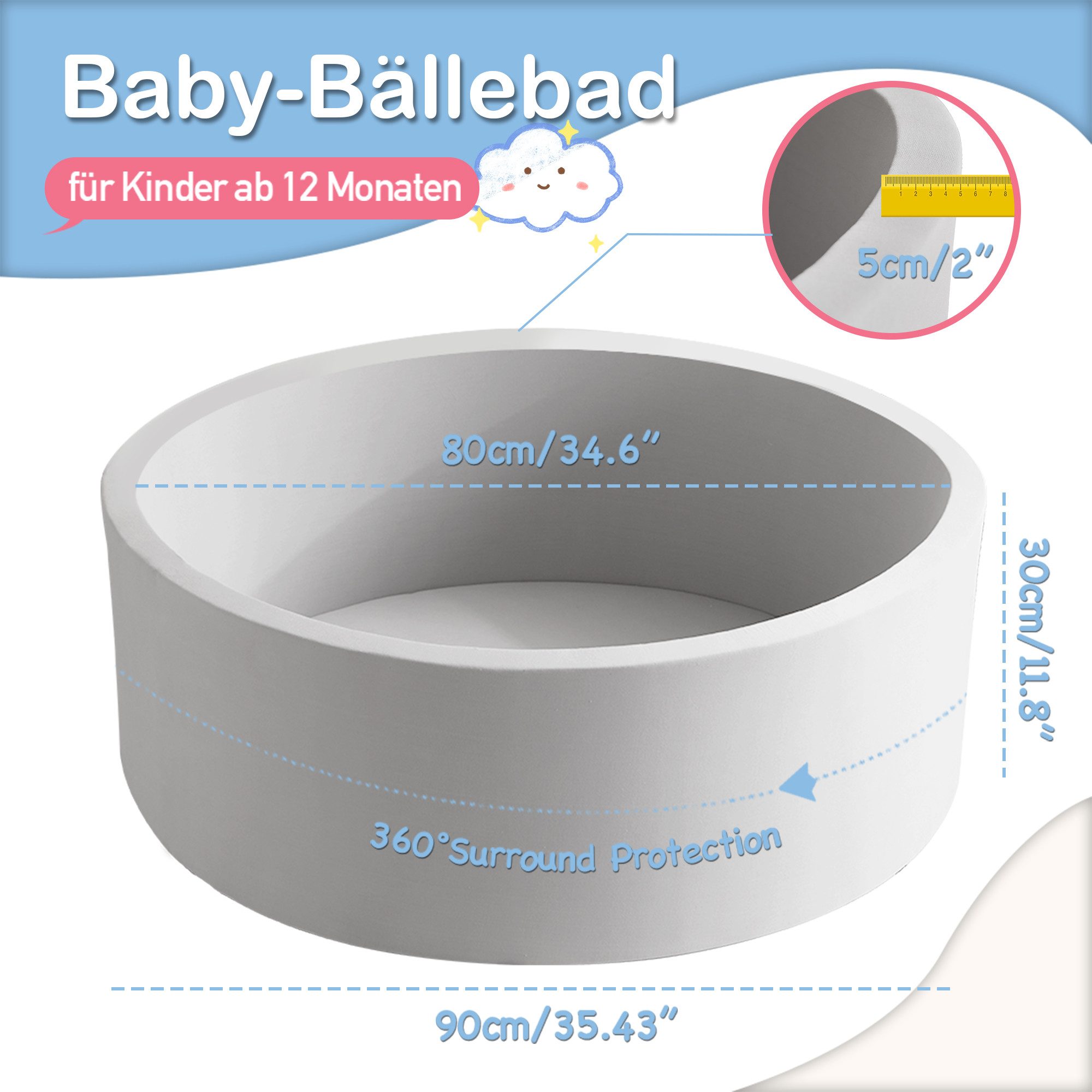 Aunekiv Bällebad Baby Memory-Schaumstoff Rund für Innen/Außen, (1-tlg), 90Cmx30Cm, Ohne Bälle