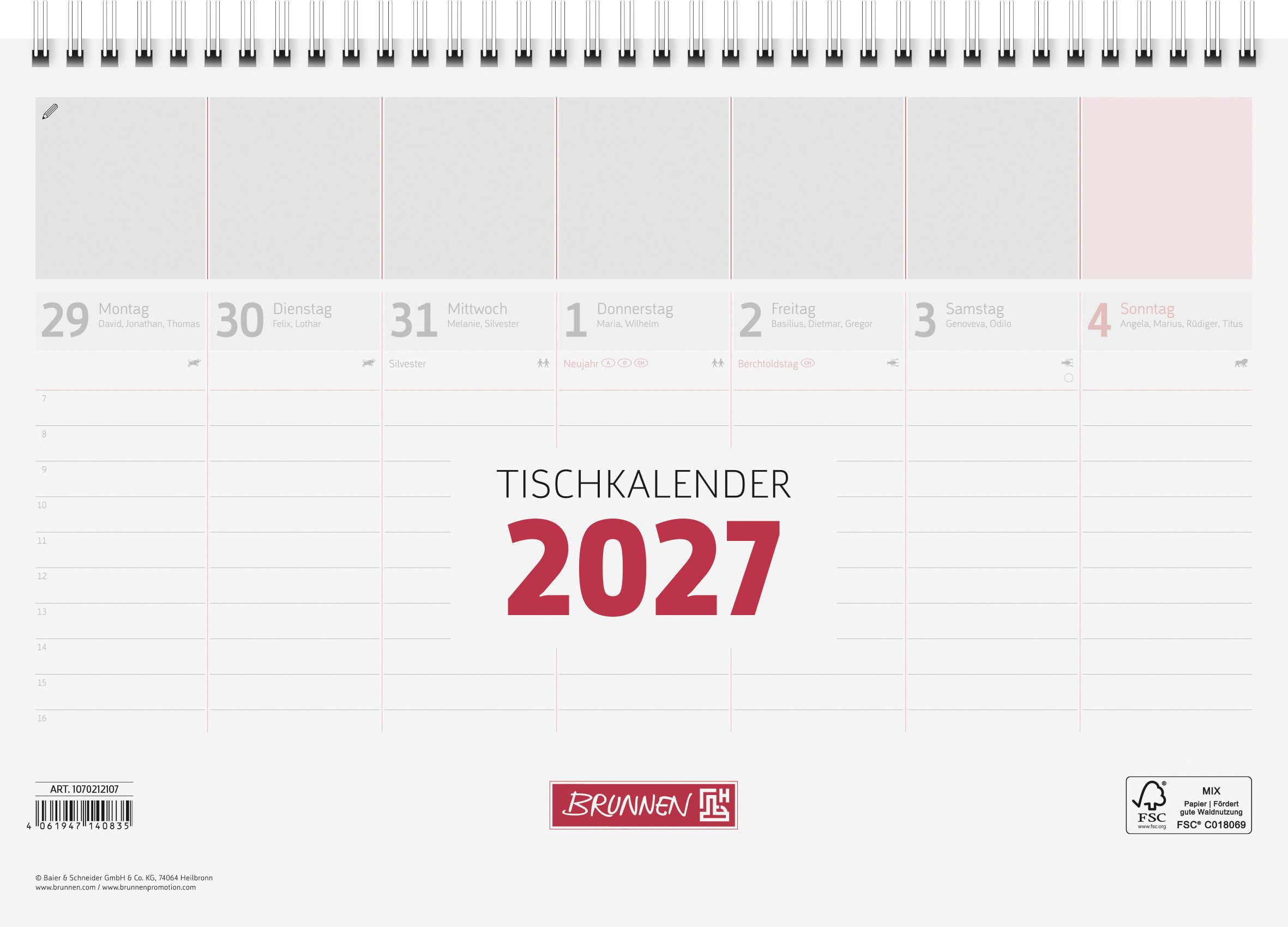 Schreibtischkalender 2027 BRUNNEN Tischkalender A4 FSC 1S/1W