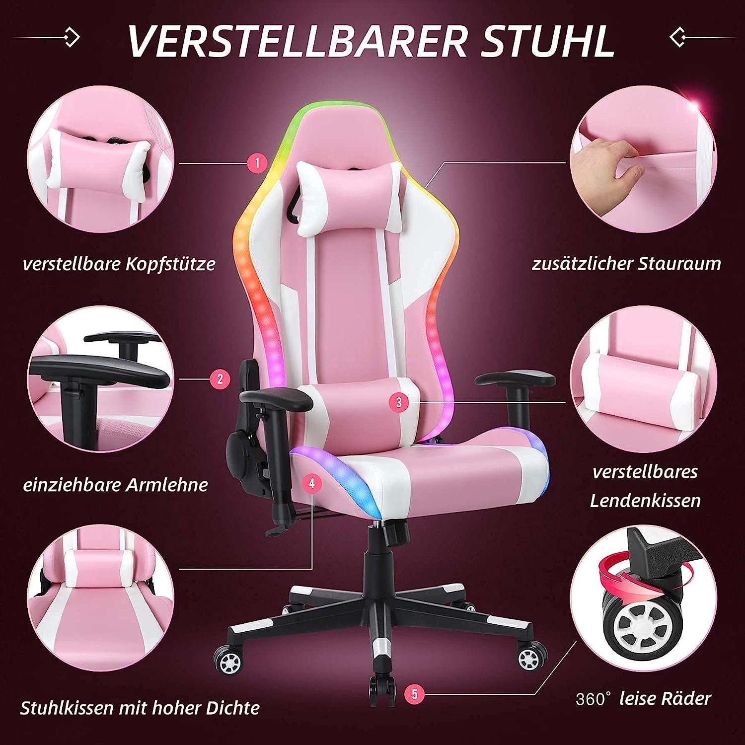Stuhl Hoher Rosa Chair LED-Leuchten Bürostuhl Lautsprechern Gaming Gaming HomeMiYN ergonomischer