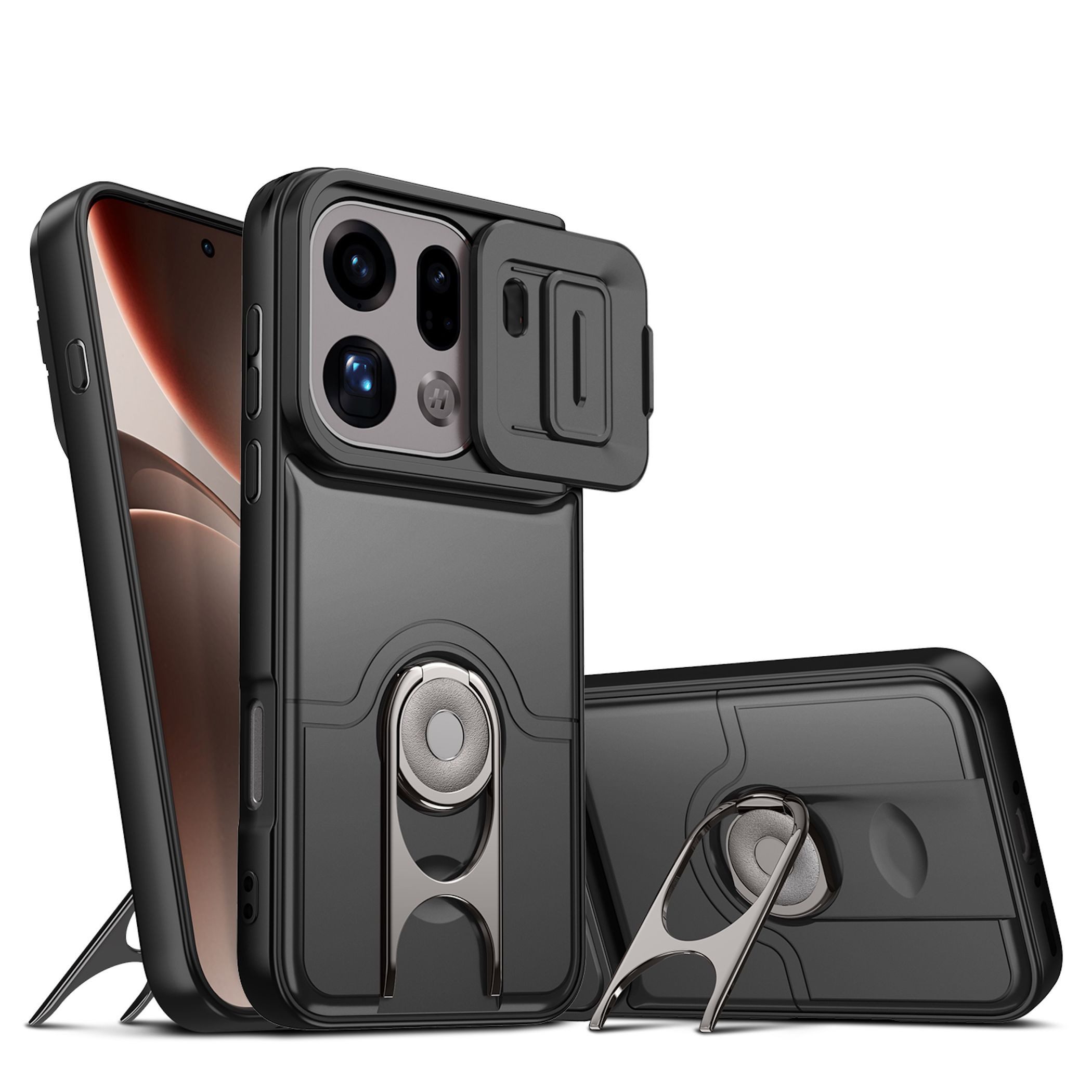 Wigento Handyhülle Camshield für Oppo Find X9 Pro 5G TPU PC Ringhalter Armor Case Schwarz 6,78 Zoll, Schiebecover, stoßfest, mit Halterung