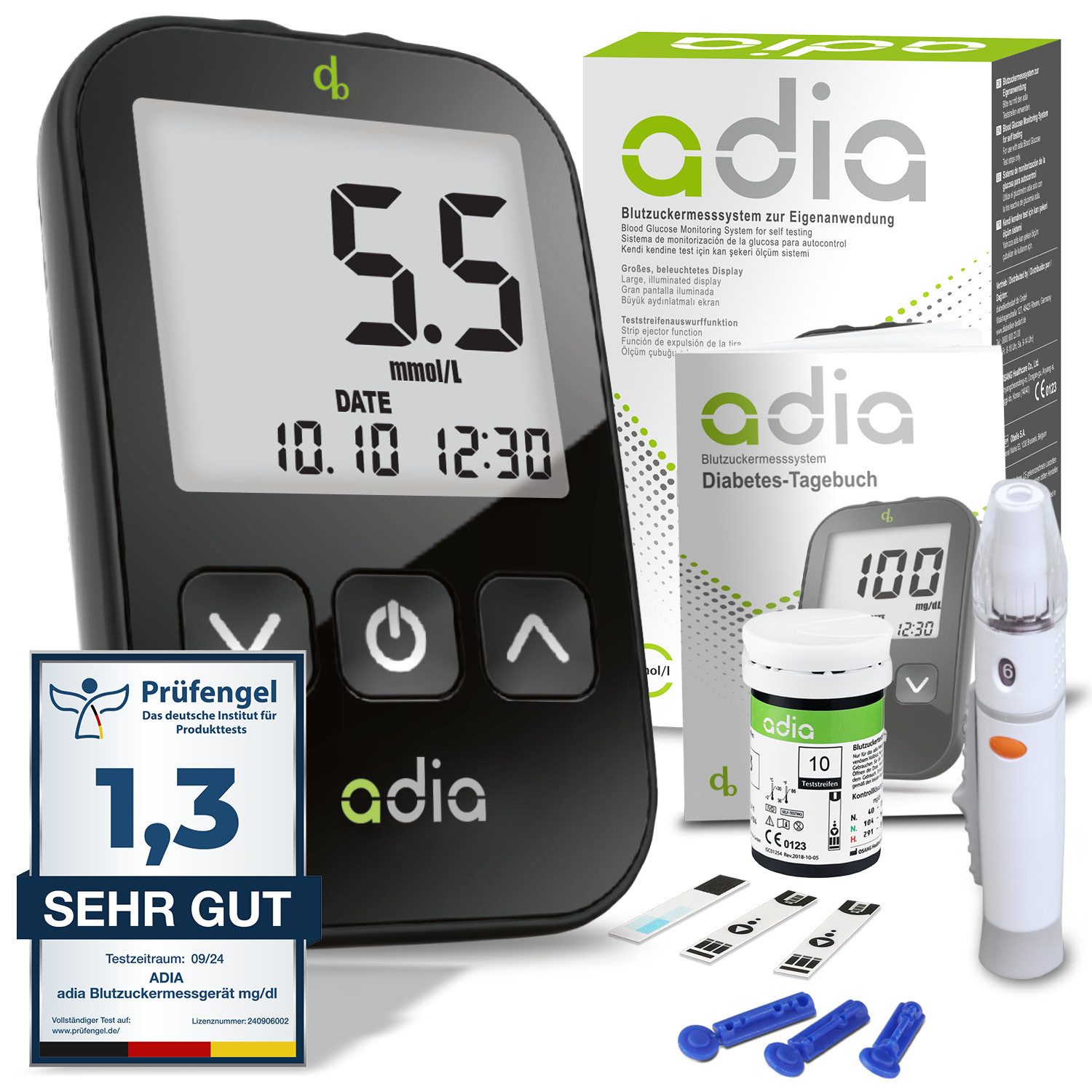 ADIA Blutzuckermessgerät adia Blutzuckermessgerät Set inkl. 10 Teststreifen, mmol/l