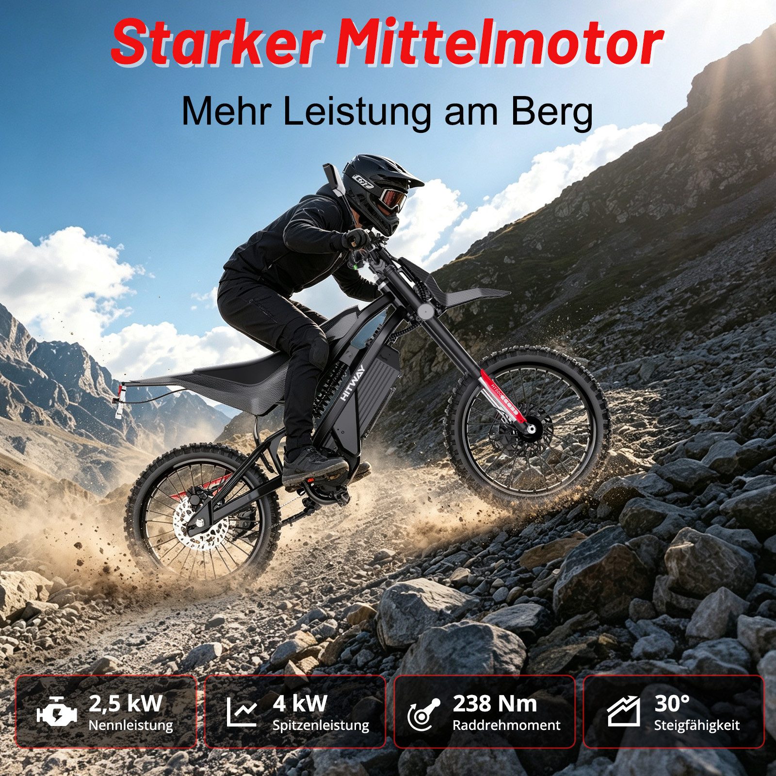 HITWAY E-Motorrad HT500 Elektro Motorrad (EEC L1e-B), 60V 27Ah, Hydraulikscheibenbremsen, 4000 W, 45 km/h, 238 Nm Rad-Drehmoment, 45–60 km Reichweite, Seitenständer-Abschaltung