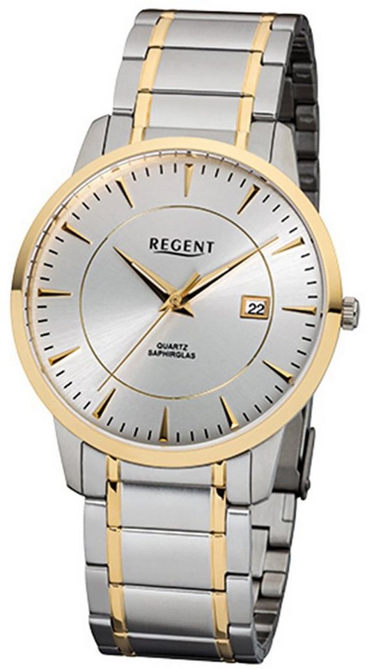 Regent Quarzuhr Regent Herren-Armbanduhr silber gold, Herren Armbanduhr  rund, mittel (ca. 39mm), Edelstahlarmband, extra flach