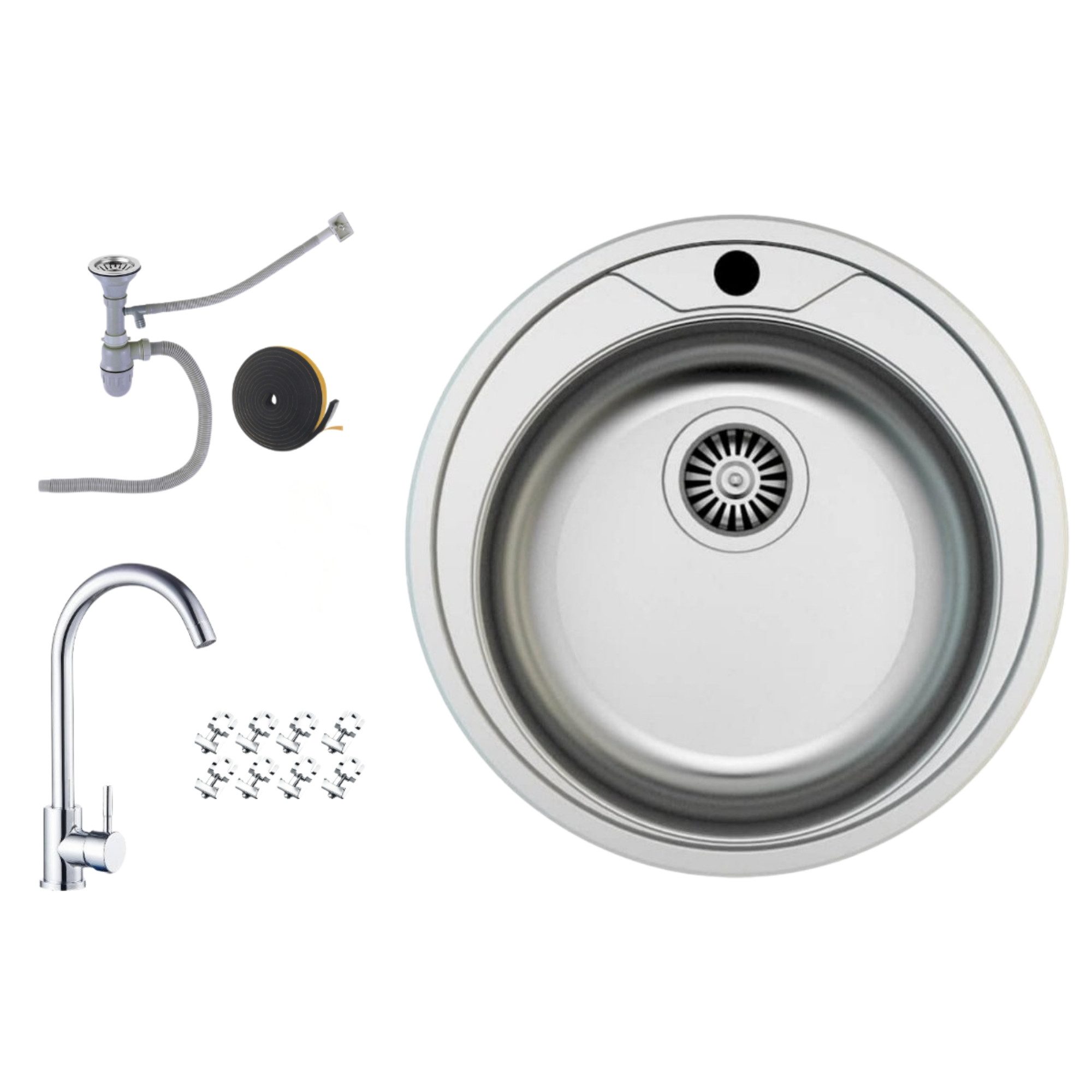 Faizee Möbel Edelstahlspüle Edelstahl Einbauspüle Küchenspüle Spülbecken Ablaufgarnitur + Armatur, Rund, 51/12 cm