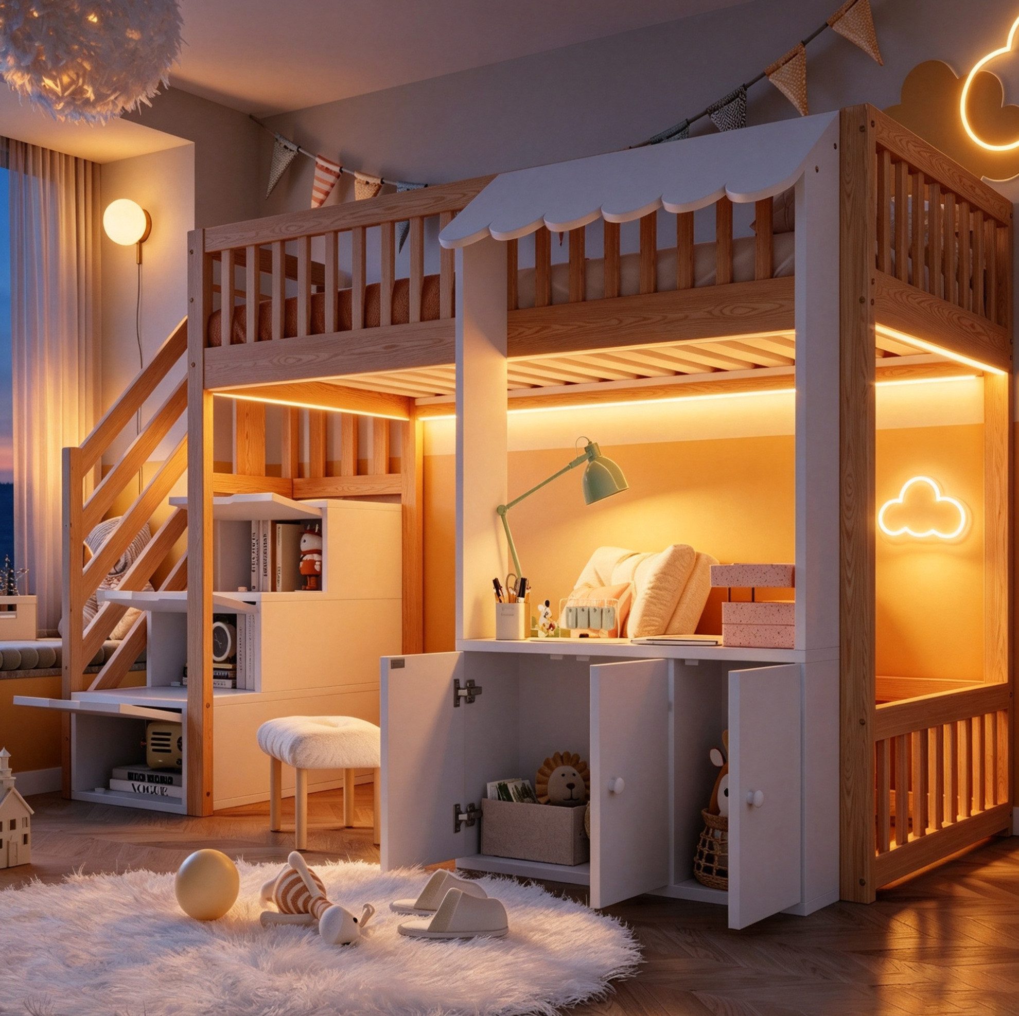 OKWISH Hochbett Jugendbett Funktionsbett (mit Stauraumtreppe, Stauraumschrank, mehrfarbiger LED-Lichtleiste und Traufendesign, inklusive Lattenrost, 90×200 cm) Inklusive Matratze