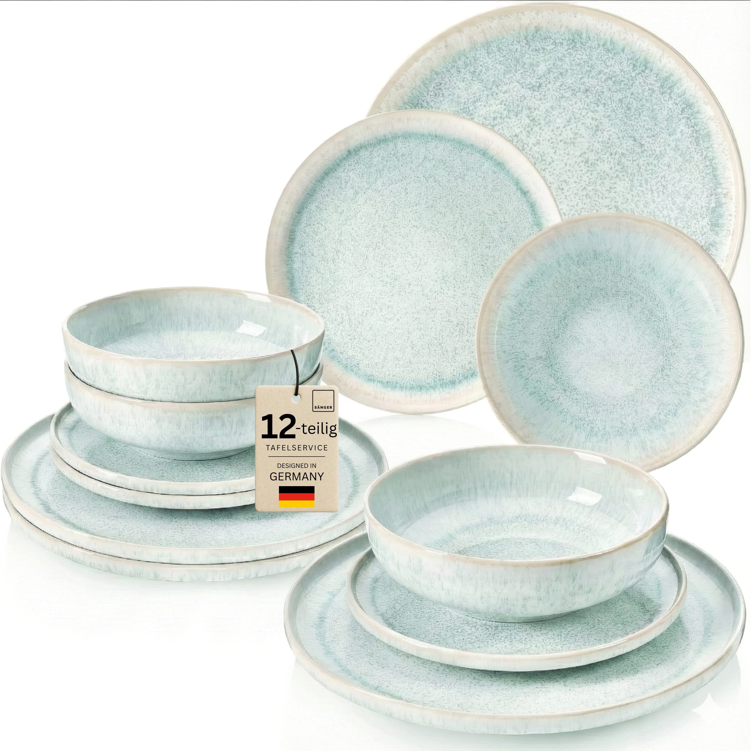 SÄNGER Tafelservice Paros (12-tlg), 4 Personen, Steingut, Blau Türkis, Handmade Premium Collection