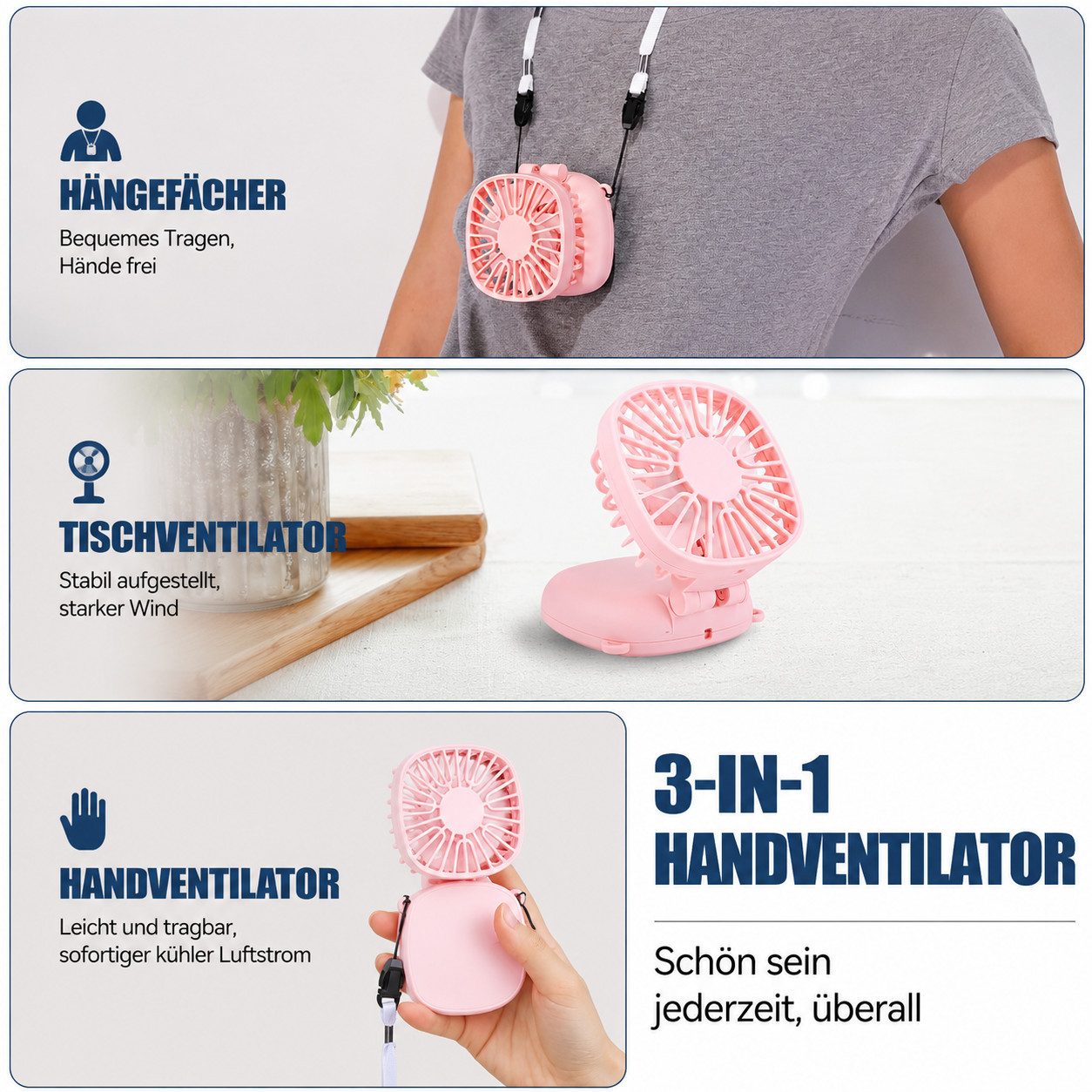 nsihing Handventilator Handventilator 3-in-1, Tragbarer Klappbarer Ventilator, 3 Windstufen, Leicht, Kompakt & Wiederaufladbar