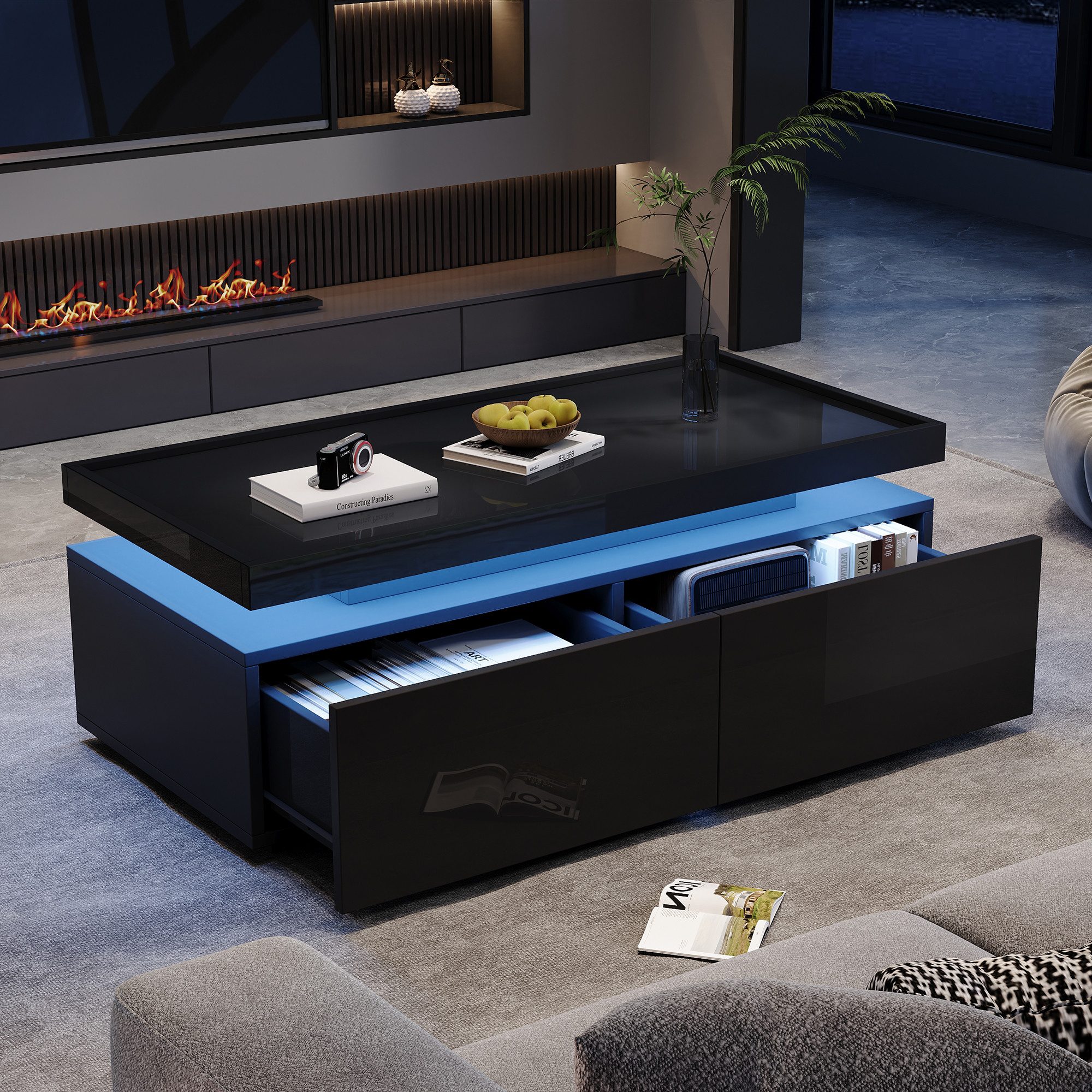 Merax Couchtisch Couchtisch hochglanz Sofatisch Beistelltisch mit LED-Beleuchtung (1-St., 1 Tisch), Wohnzimmertisch mit 2 Schubladen & Ablage, inkl. App, 95x45x – Bild 4 von 5