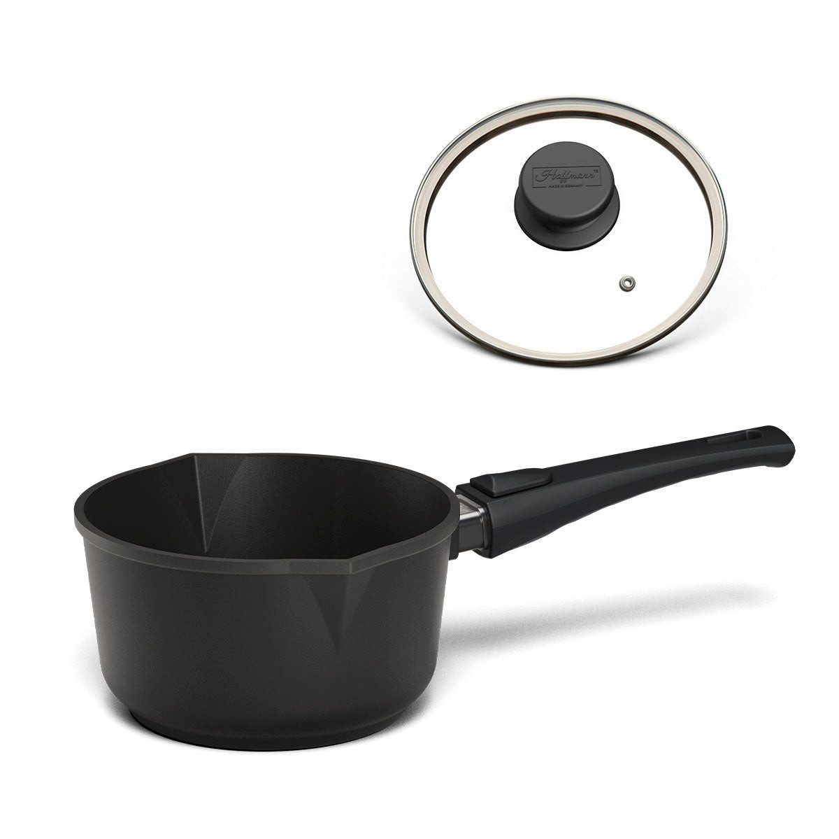 Hoffmann Germany Milchtopf STONIQ Stieltopf 2 Ausgießer PFAS-frei Ø 18 cm – Made in Germany, Aluguss (Set, 2-tlg., 1x Milchtopf Ø 18 cm + 1x Glasdeckel), Kasserolle, IQ-SHIELD Antihaft, 1,6 l, backofenfest 300°C