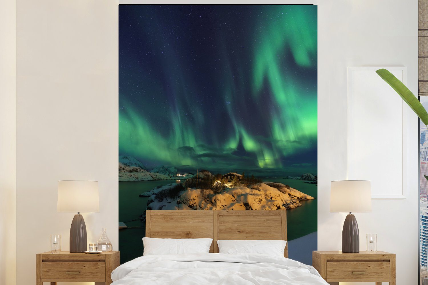 MuchoWow Fototapete Aurora - Brücke - Schnee, Matt, bedruckt, (3 St), Montagefertig Vinyl Tapete für Wohnzimmer, Wandtapete | Fototapeten