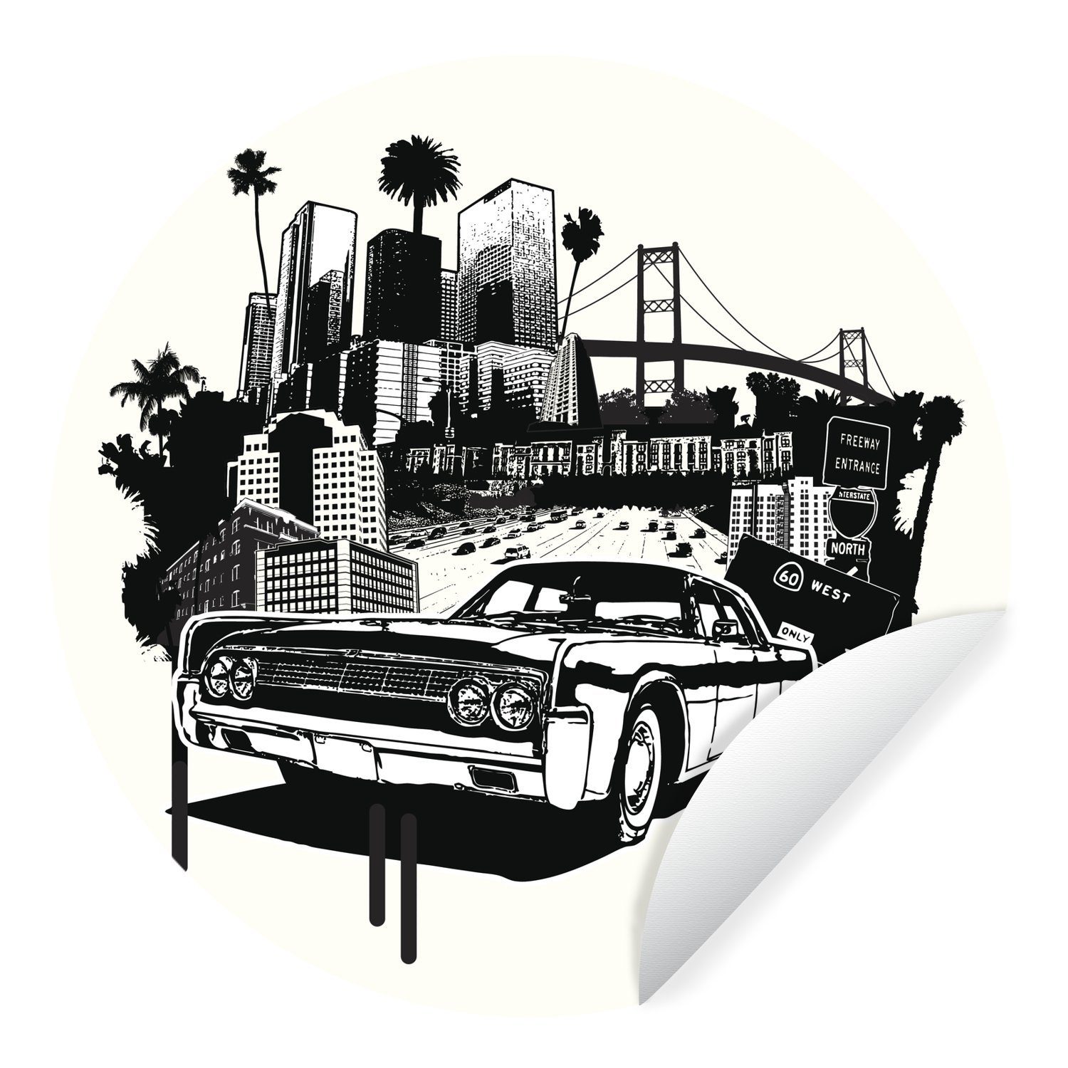 MuchoWow Wandsticker Schwarz-weiß Illustration eines amerikanischen Autos vor einer Skyline (1 St), Tapetenkreis für Kinderzimmer, Tapetenaufkleber, Rund, Wohnzimmer