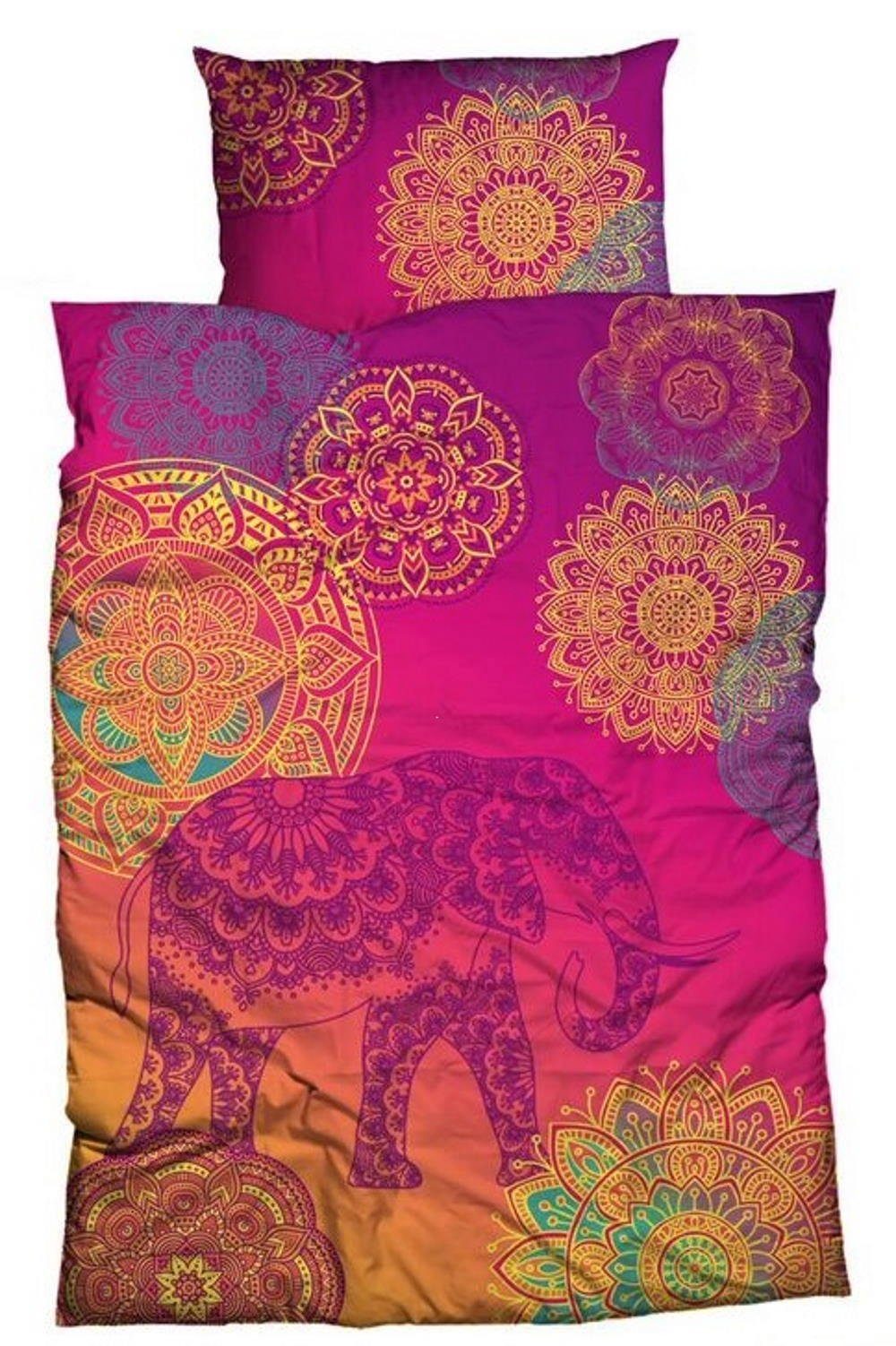 sister s. Bettwäsche NOIDA Bettwäsche 200 x 200 cm, Satin, 3 teilig, Mandals Ornamente Farbverlauf Glückselefant orientalisch angehaucht